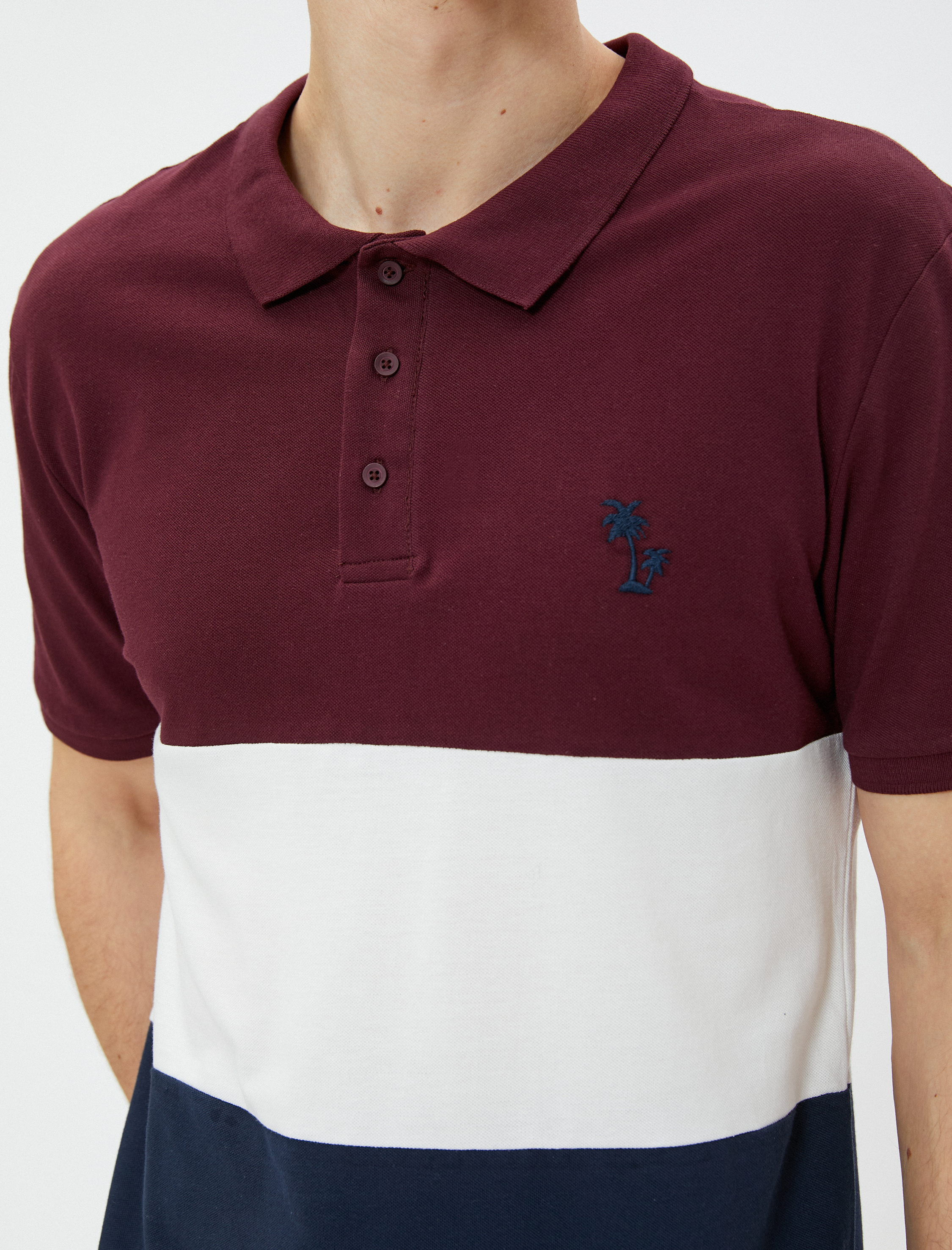   Polo Yaka Tişört Palmiye Baskılı Düğmeli Renk Bloklu Kısa Kollu