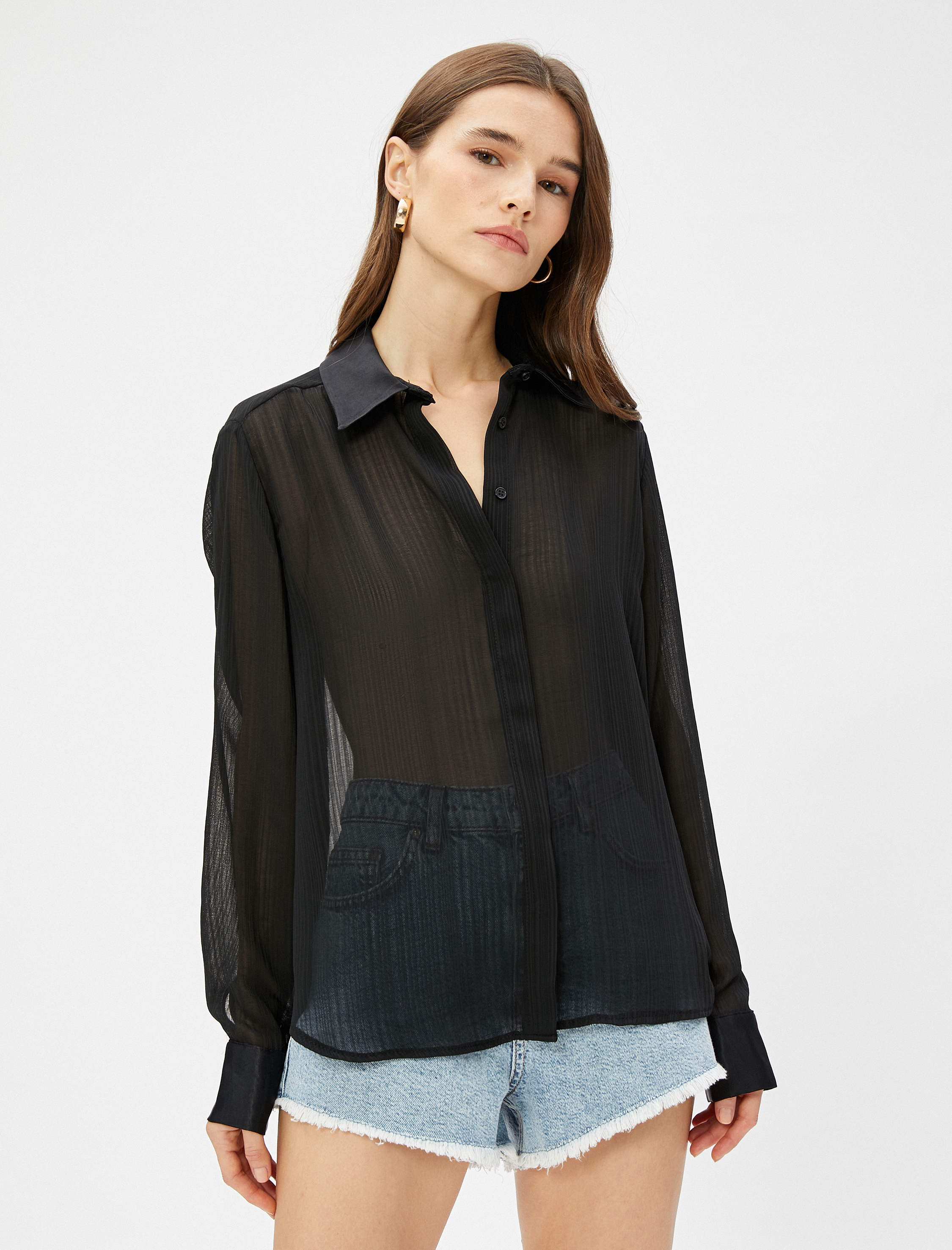   Şifon Gömlek Uzun Kollu Yakası Saten Detaylı