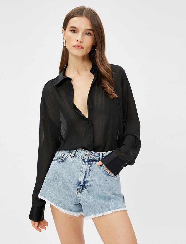  Şifon Gömlek Uzun Kollu Yakası Saten Detaylı