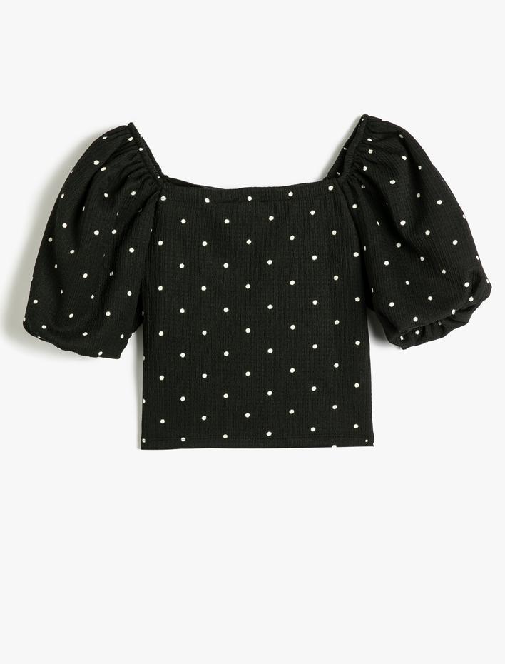 Kız Çocuk Crop Tişört Puantiyeli Kısa Balon Kollu Kare Yaka