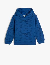 Kapşonlu Sweatshirt Baskılı Uzun Kollu Şardonlu