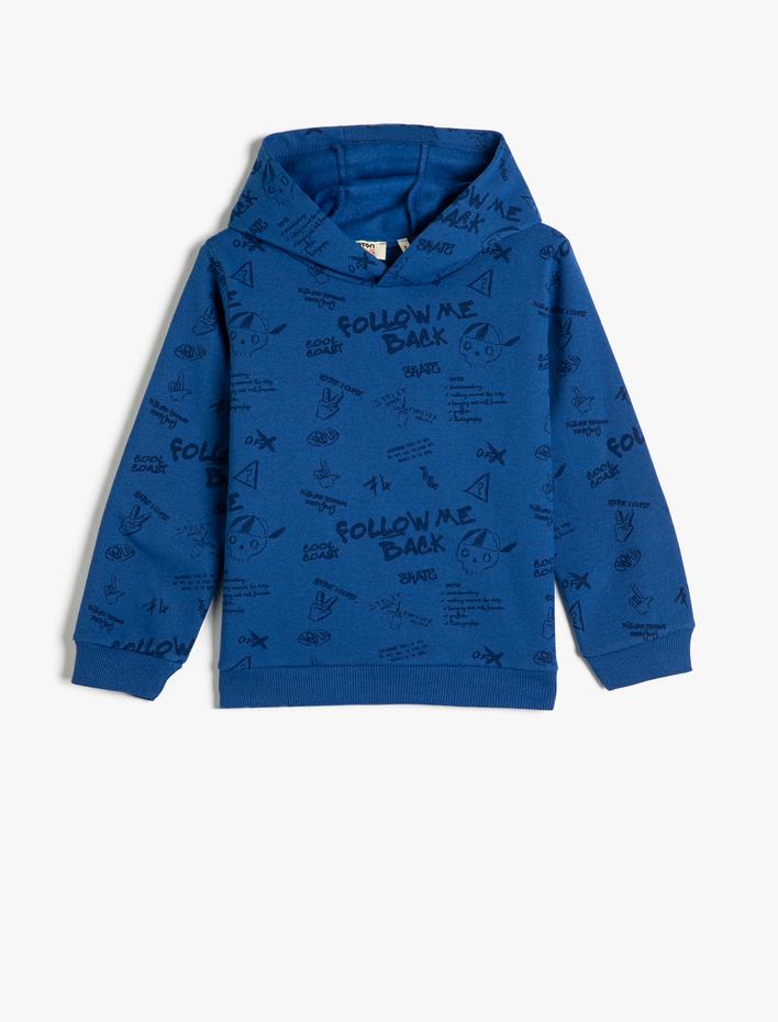 Erkek Çocuk Kapşonlu Sweatshirt Baskılı Uzun Kollu Şardonlu