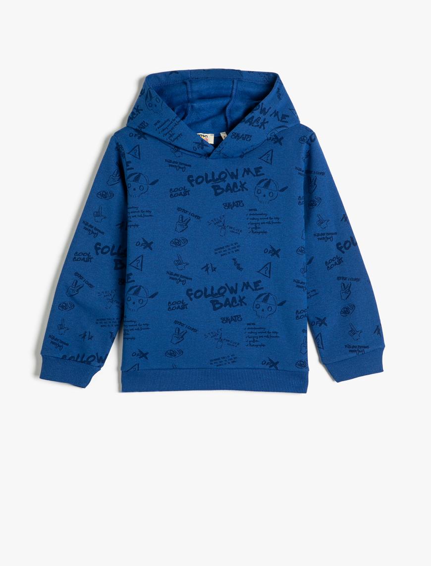  Erkek Çocuk Kapşonlu Sweatshirt Baskılı Uzun Kollu Şardonlu