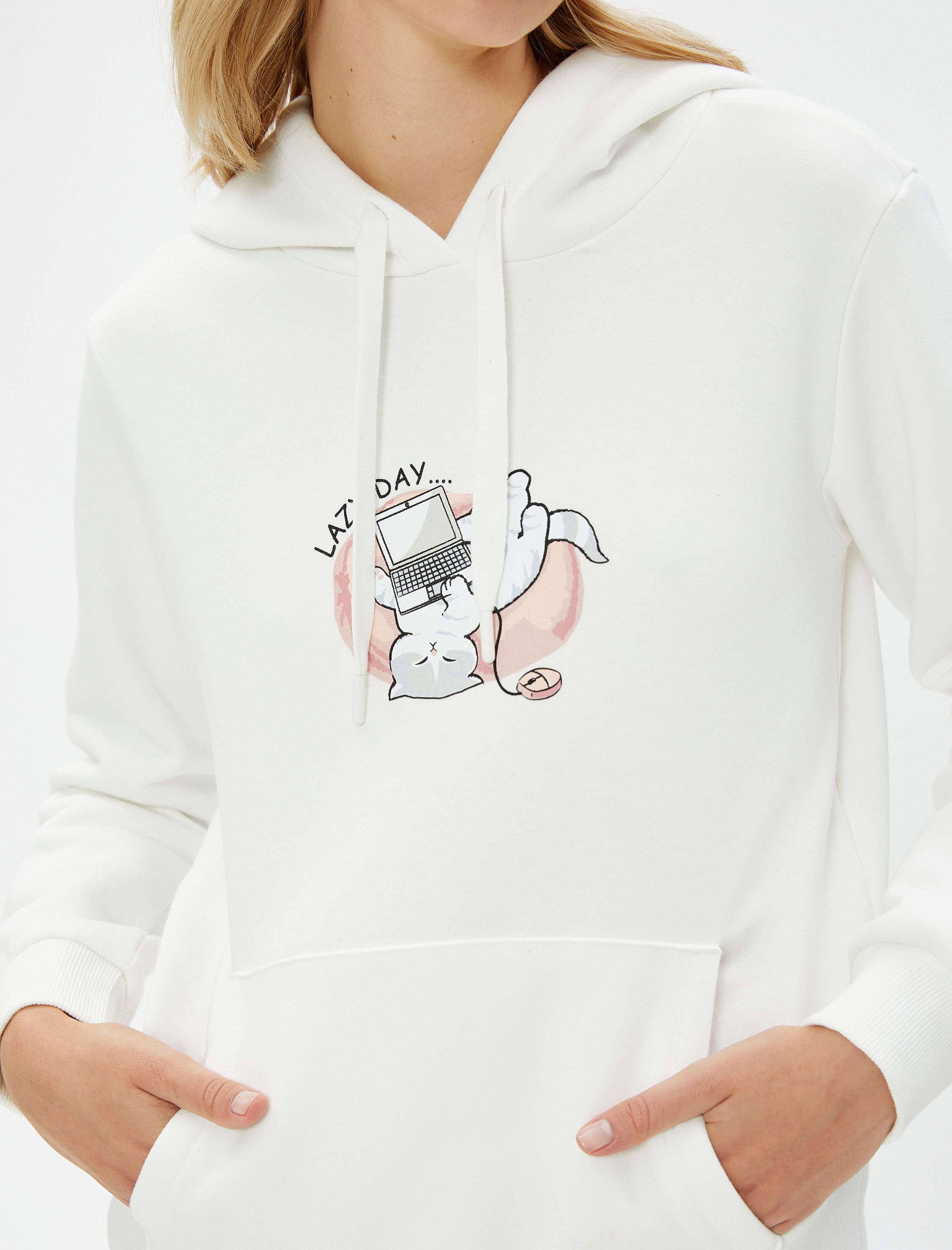   Şardonlu Kapüşonlu Sweatshirt Kedi Baskılı Kanguru Cepli Uzun Kollu