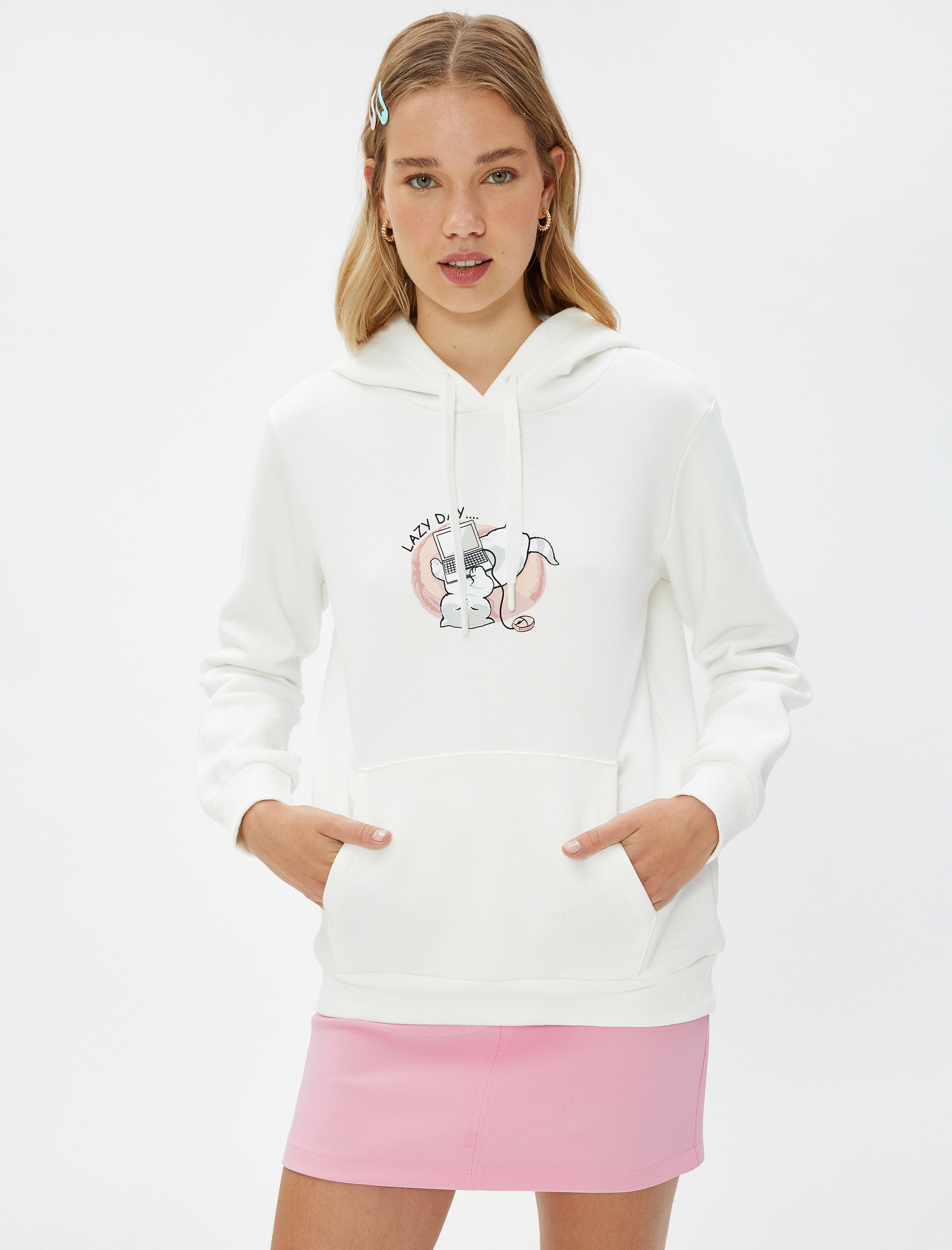   Şardonlu Kapüşonlu Sweatshirt Kedi Baskılı Kanguru Cepli Uzun Kollu