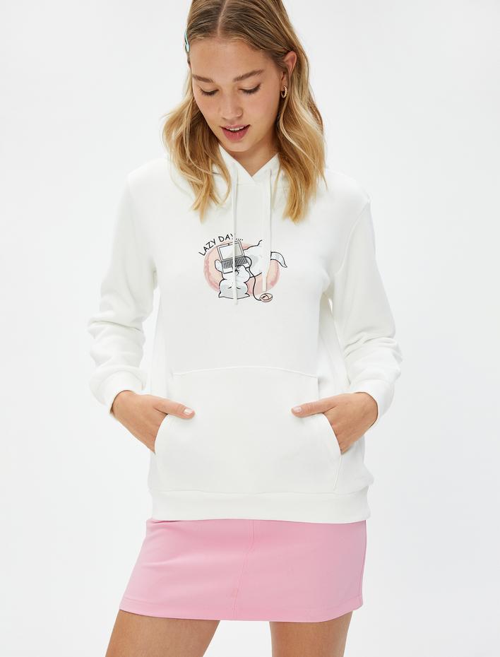  Şardonlu Kapüşonlu Sweatshirt Kedi Baskılı Kanguru Cepli Uzun Kollu