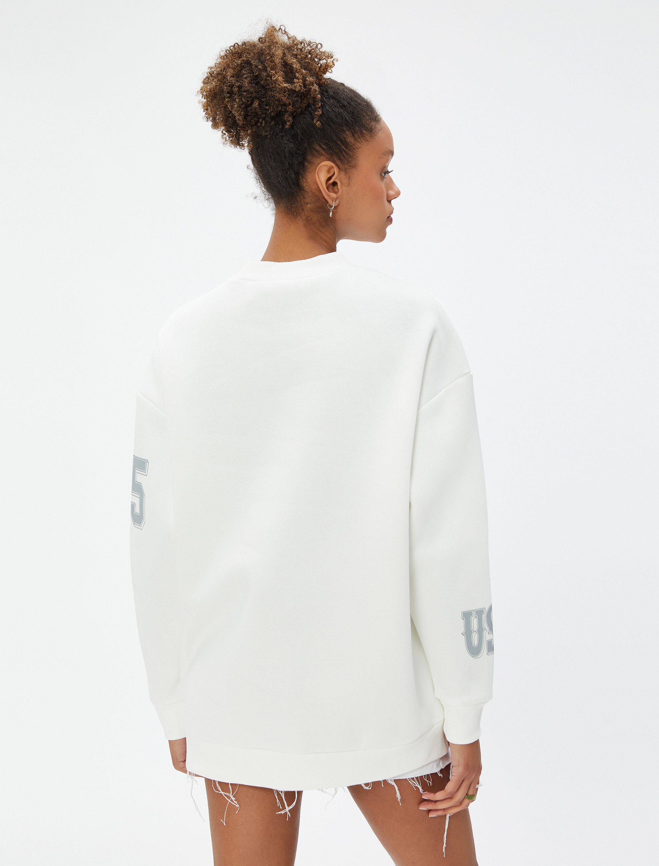   Şardonlu Bisiklet Yaka Sweatshirt Oversize Baskılı Uzun Kollu Ribanalı