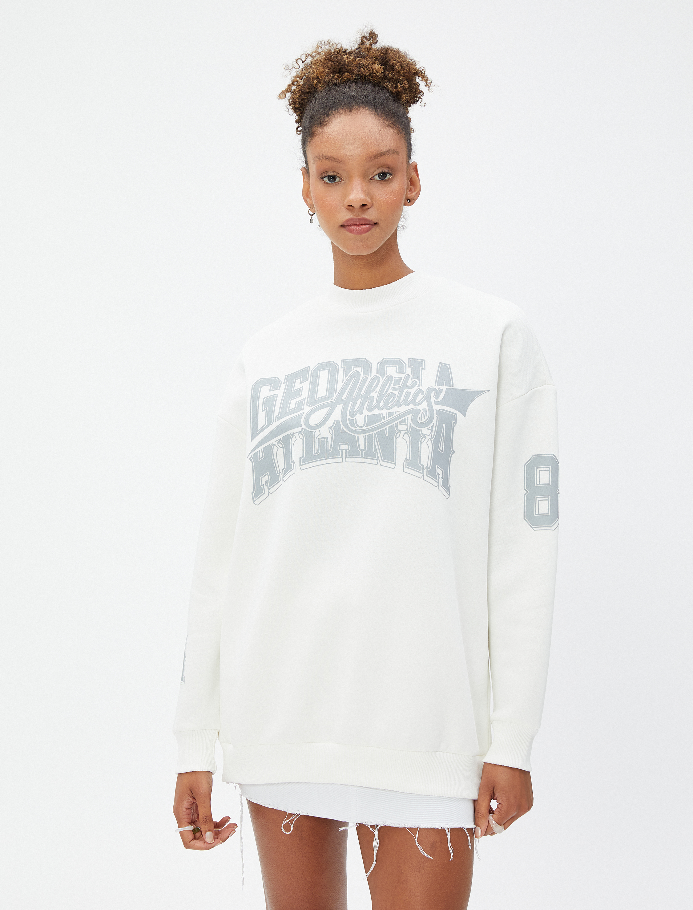   Şardonlu Bisiklet Yaka Sweatshirt Oversize Baskılı Uzun Kollu Ribanalı