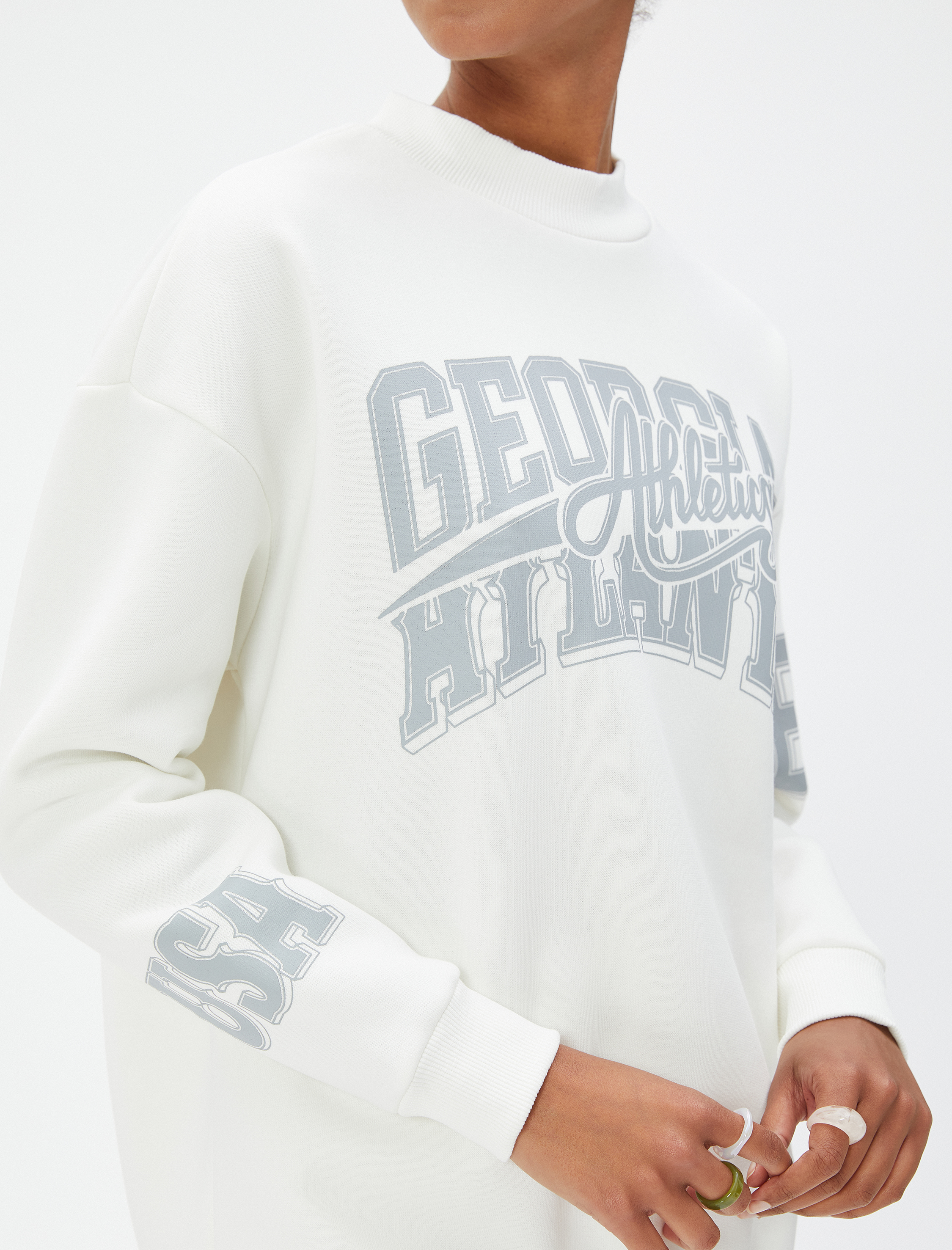   Şardonlu Bisiklet Yaka Sweatshirt Oversize Baskılı Uzun Kollu Ribanalı