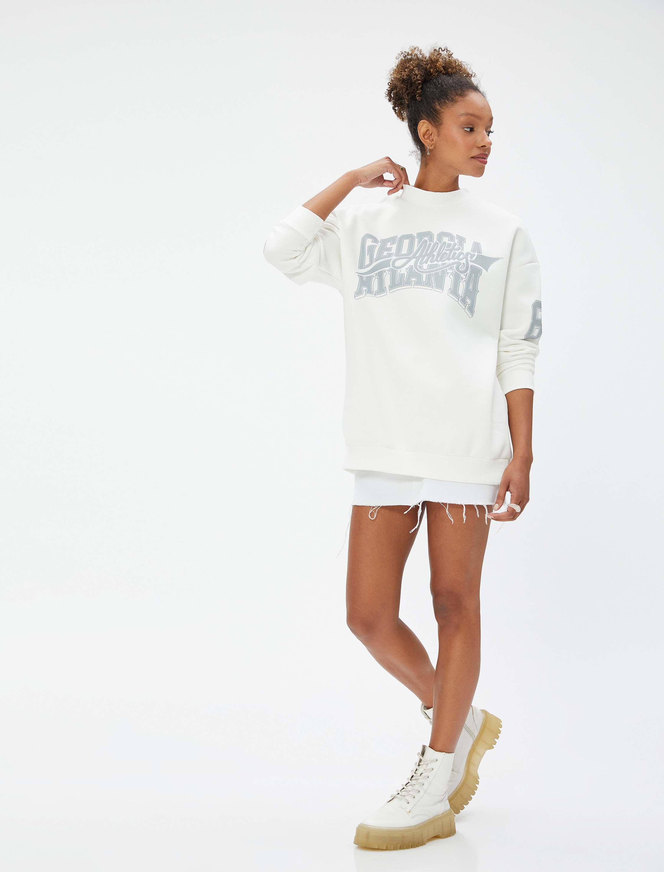   Şardonlu Bisiklet Yaka Sweatshirt Oversize Baskılı Uzun Kollu Ribanalı