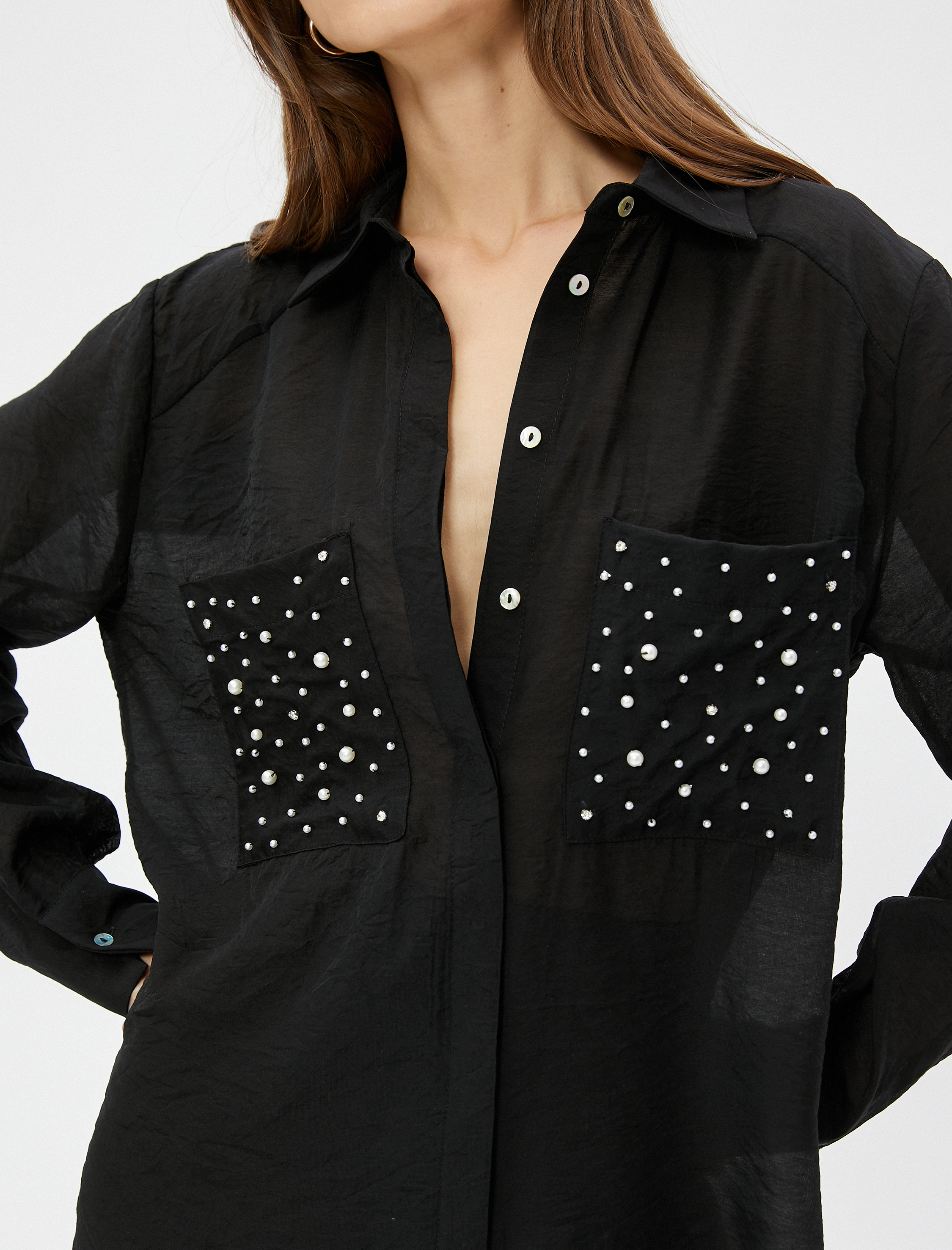   İnci Detaylı Gömlek Relax Fit Uzun Kollu