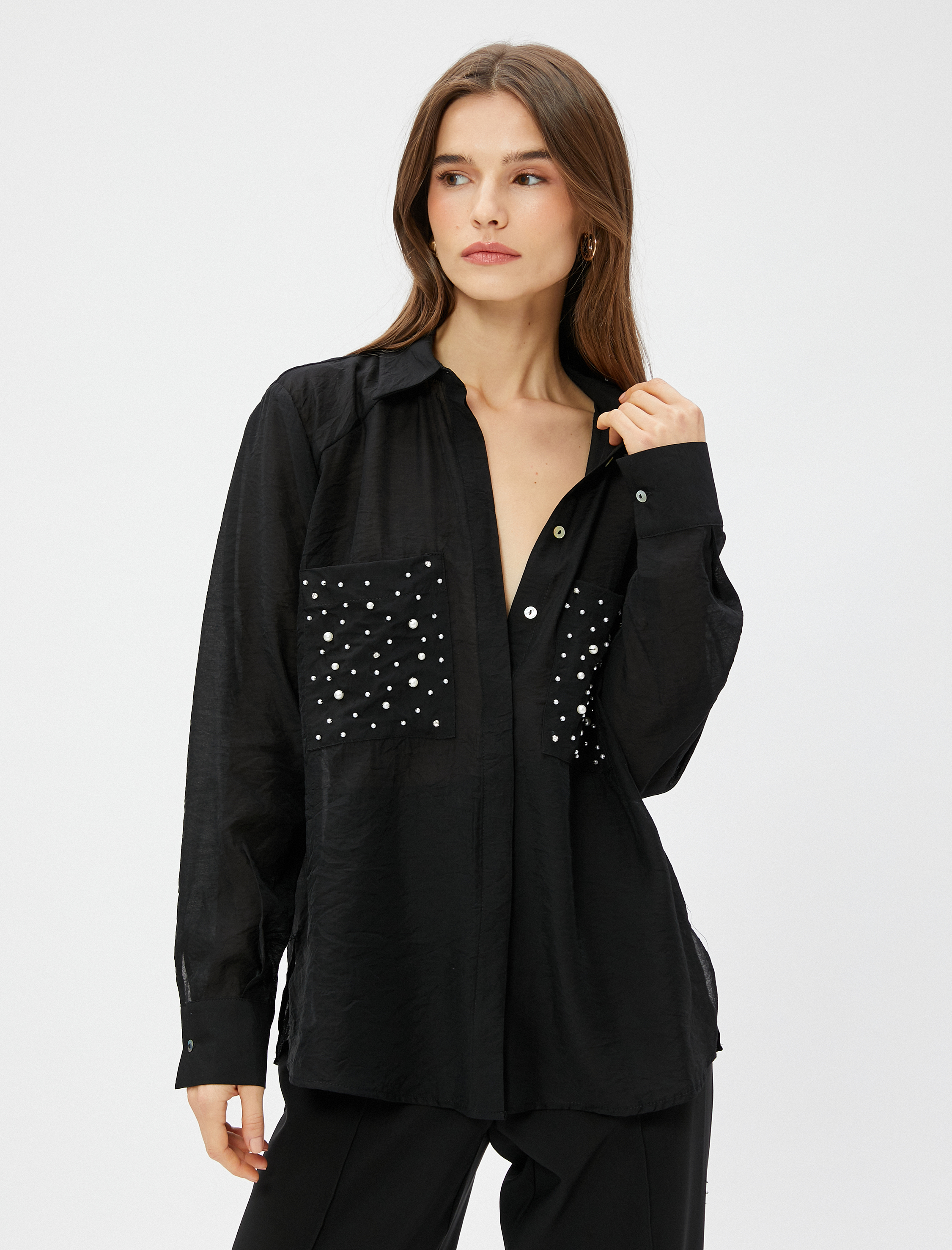   İnci Detaylı Gömlek Relax Fit Uzun Kollu