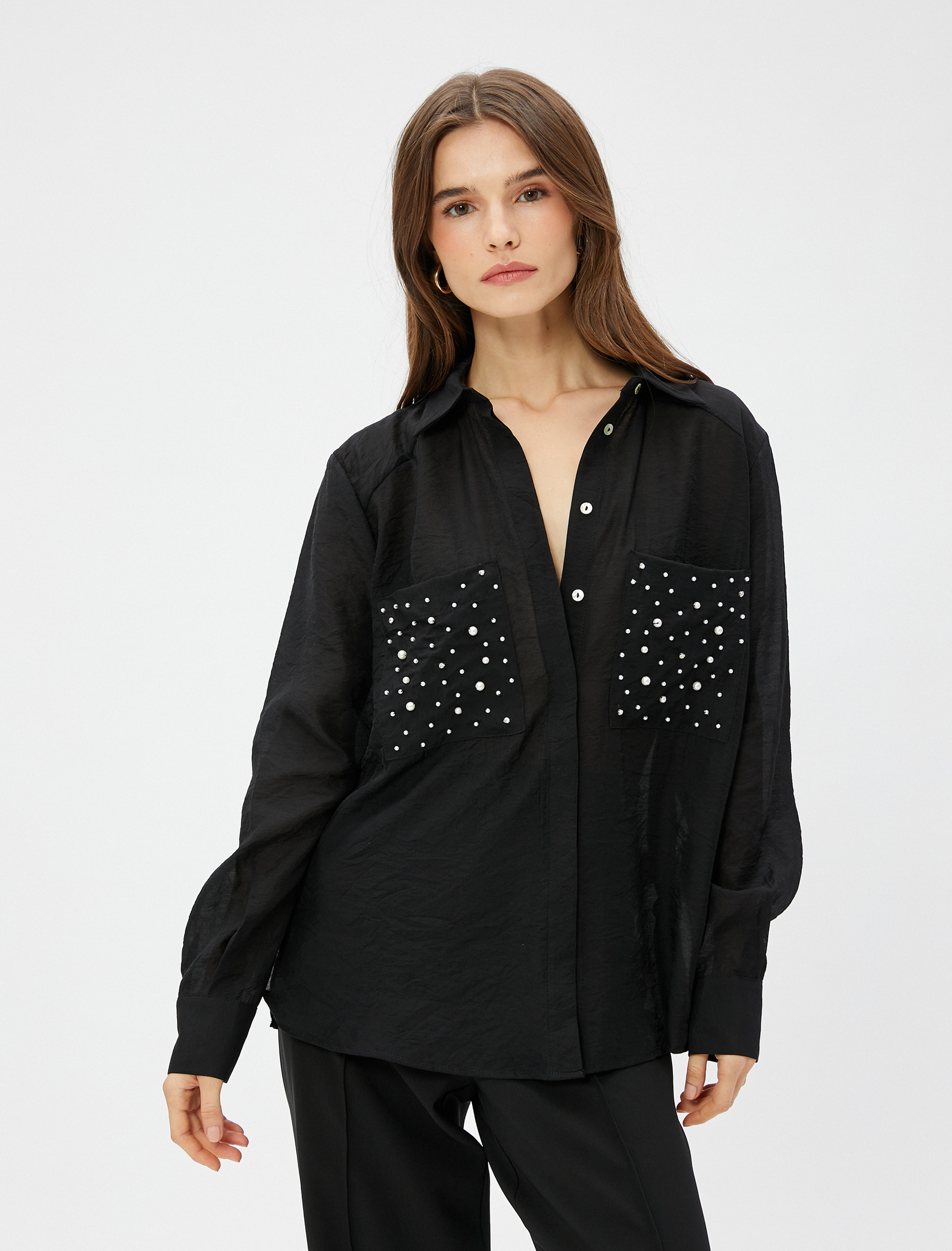   İnci Detaylı Gömlek Relax Fit Uzun Kollu