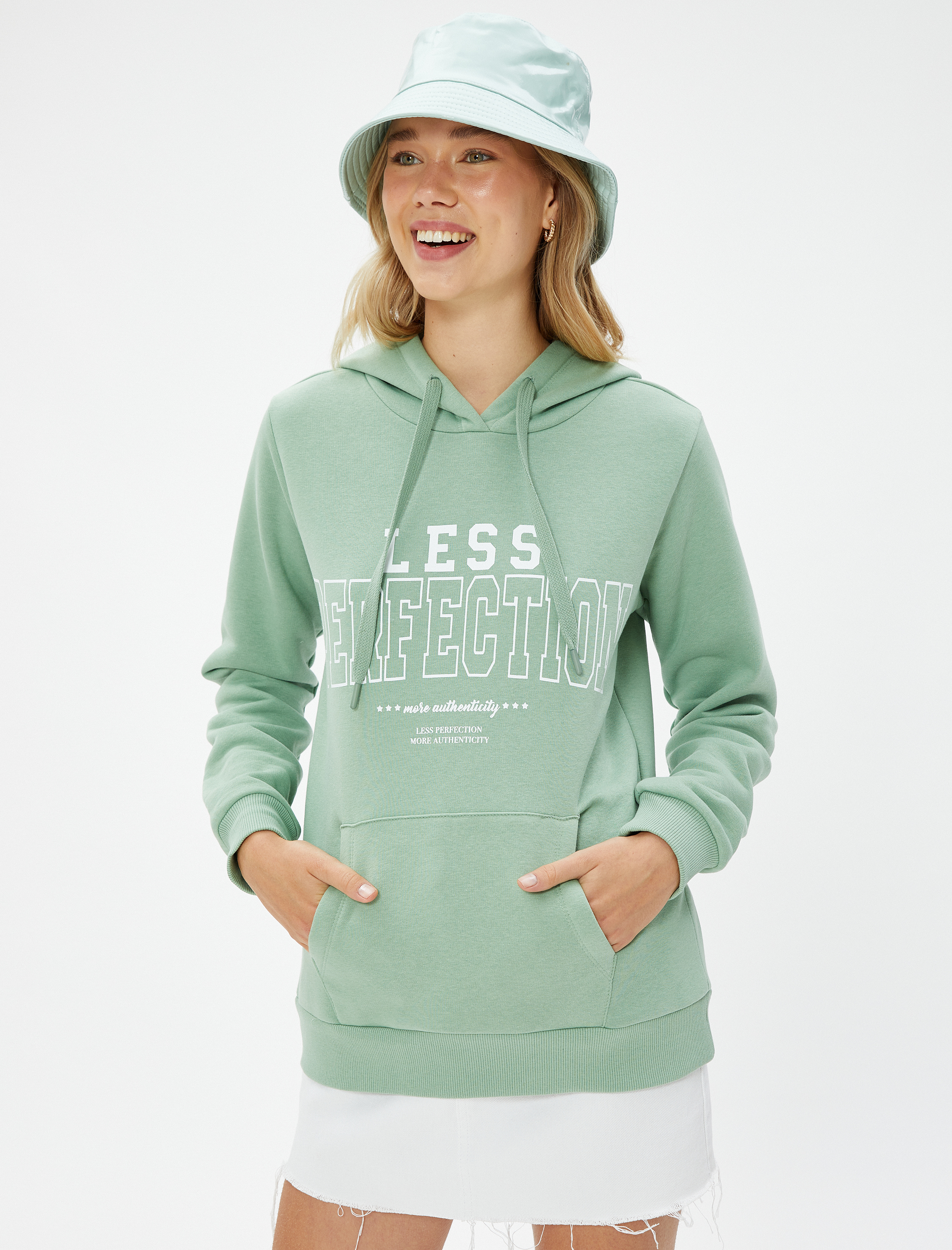   Şardonlu Kapüşonlu Sweatshirt Baskılı Kanguru Cepli Uzun Kollu