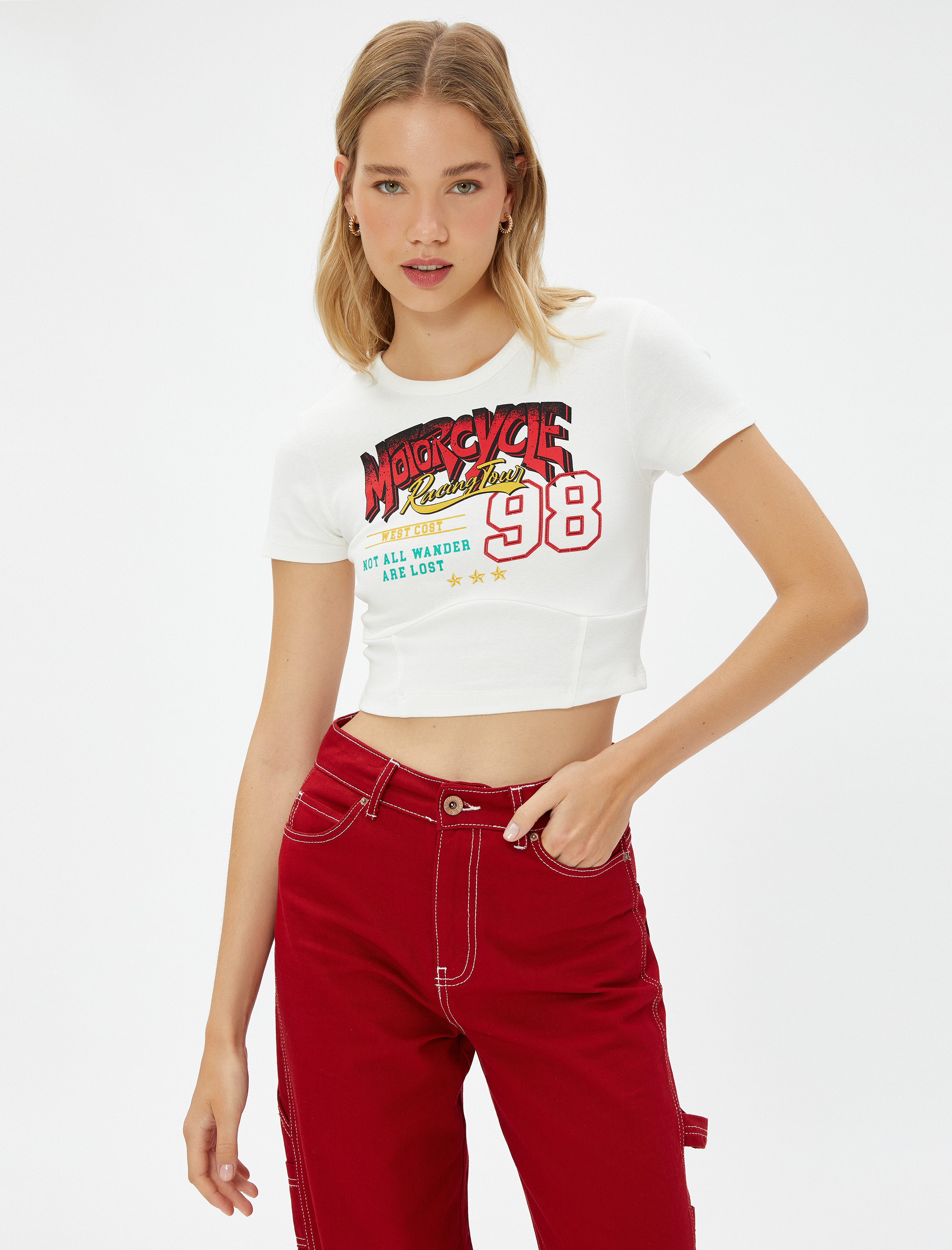   Crop Tişört Baskılı Bisiklet Yaka Kısa Kollu Korse Detaylı