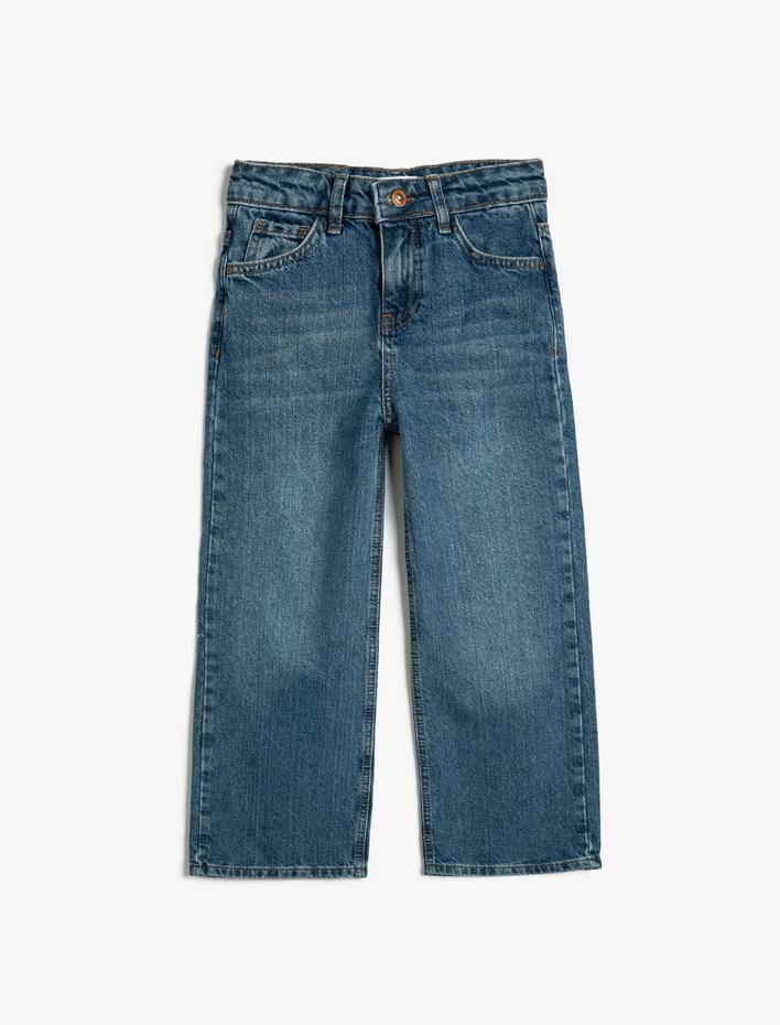 Kız Çocuk Kot Pantolon Bol Paça Cepli Pamuklu - Wide Leg Jean