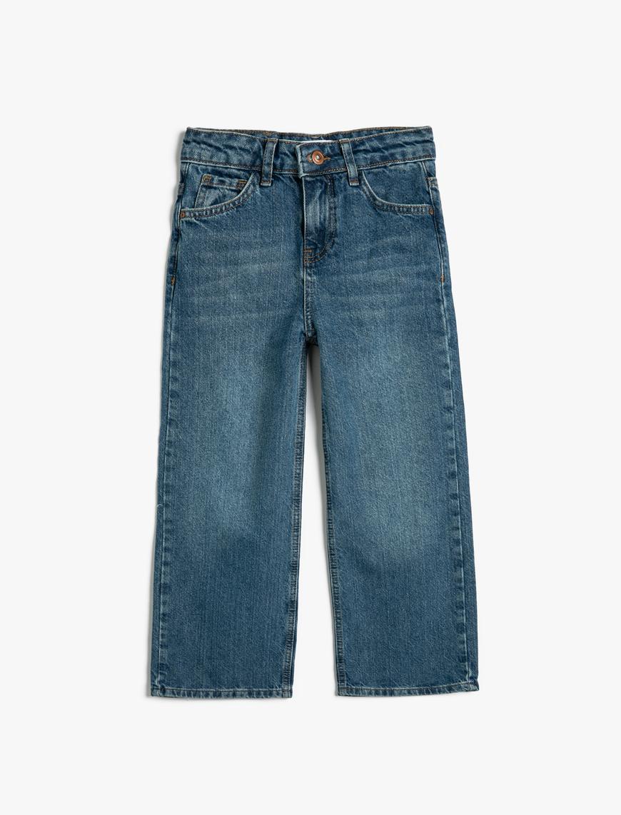  Kız Çocuk Kot Pantolon Bol Paça Cepli Pamuklu - Wide Leg Jean
