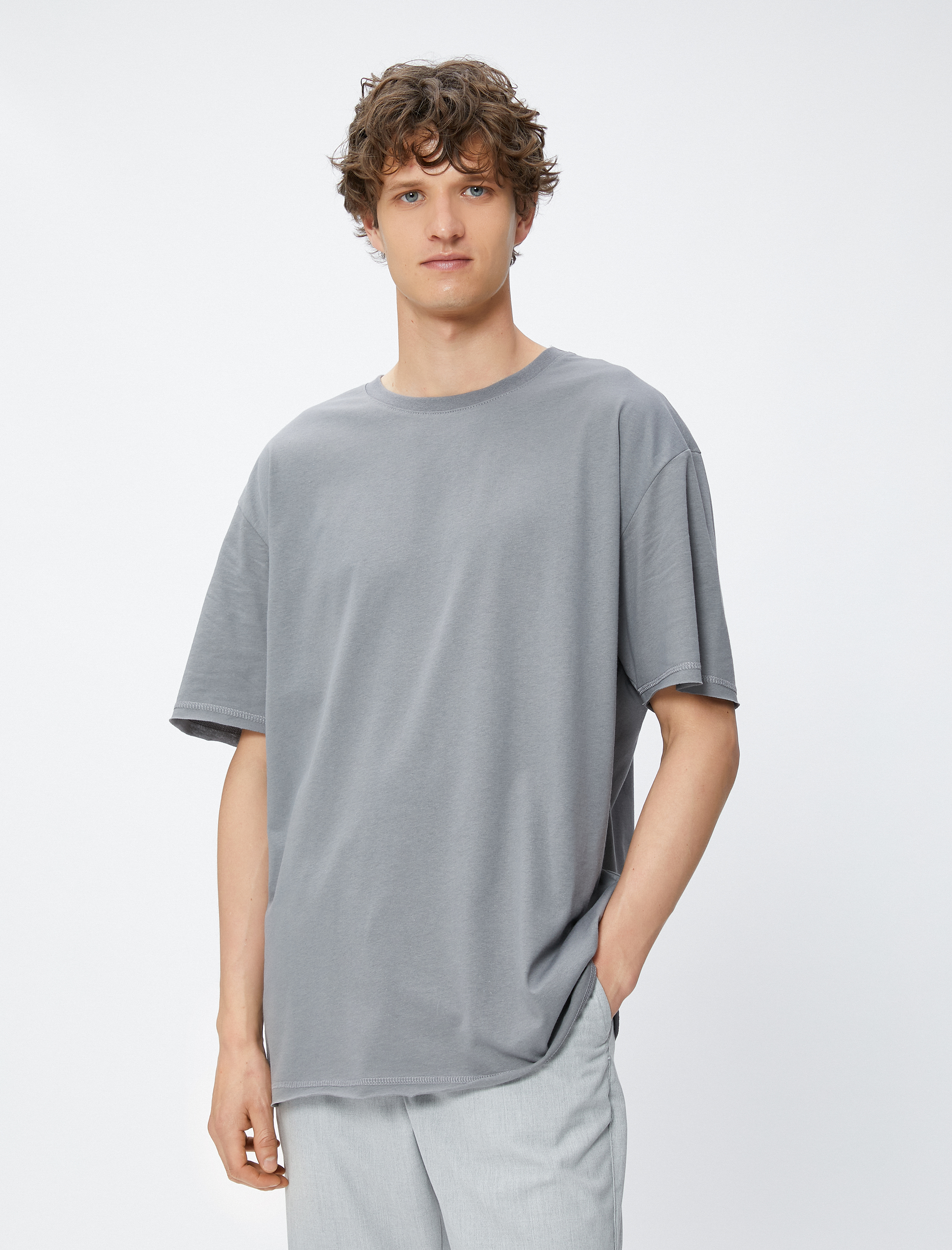   Oversize Tişört Basic Yarım Kollu Bisiklet Yaka