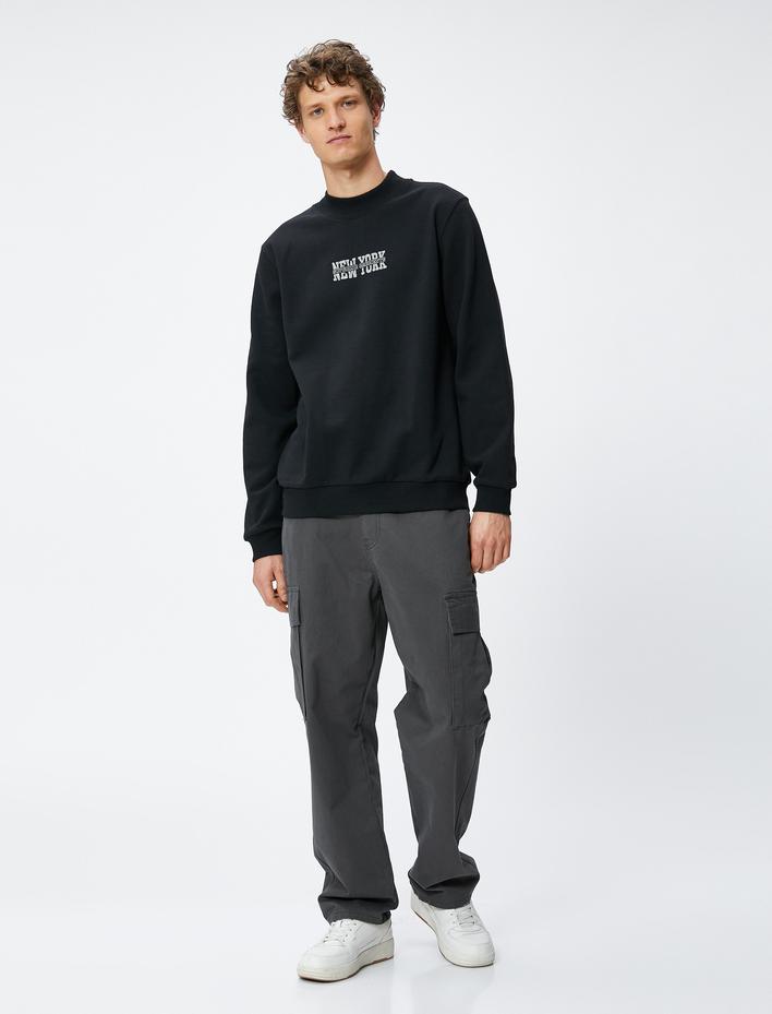  Kolej Sweat Bisiklet Yaka İşleme Detaylı Uzun Kollu Şardonlu