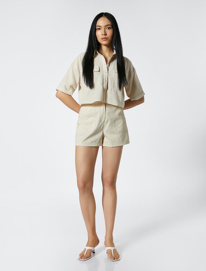  Crop Safari Gömlek Cepli Kısa Kollu