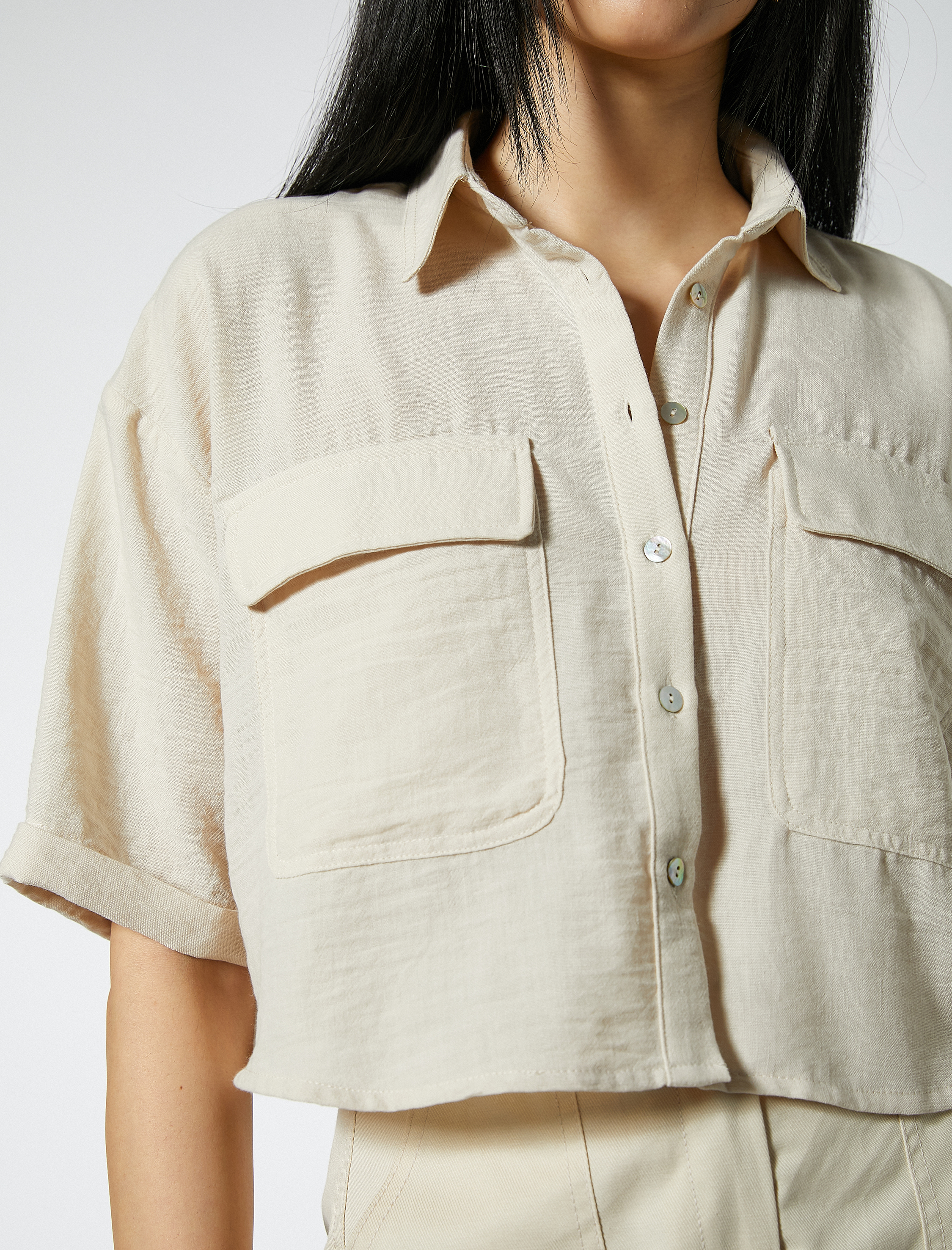   Crop Safari Gömlek Cepli Kısa Kollu