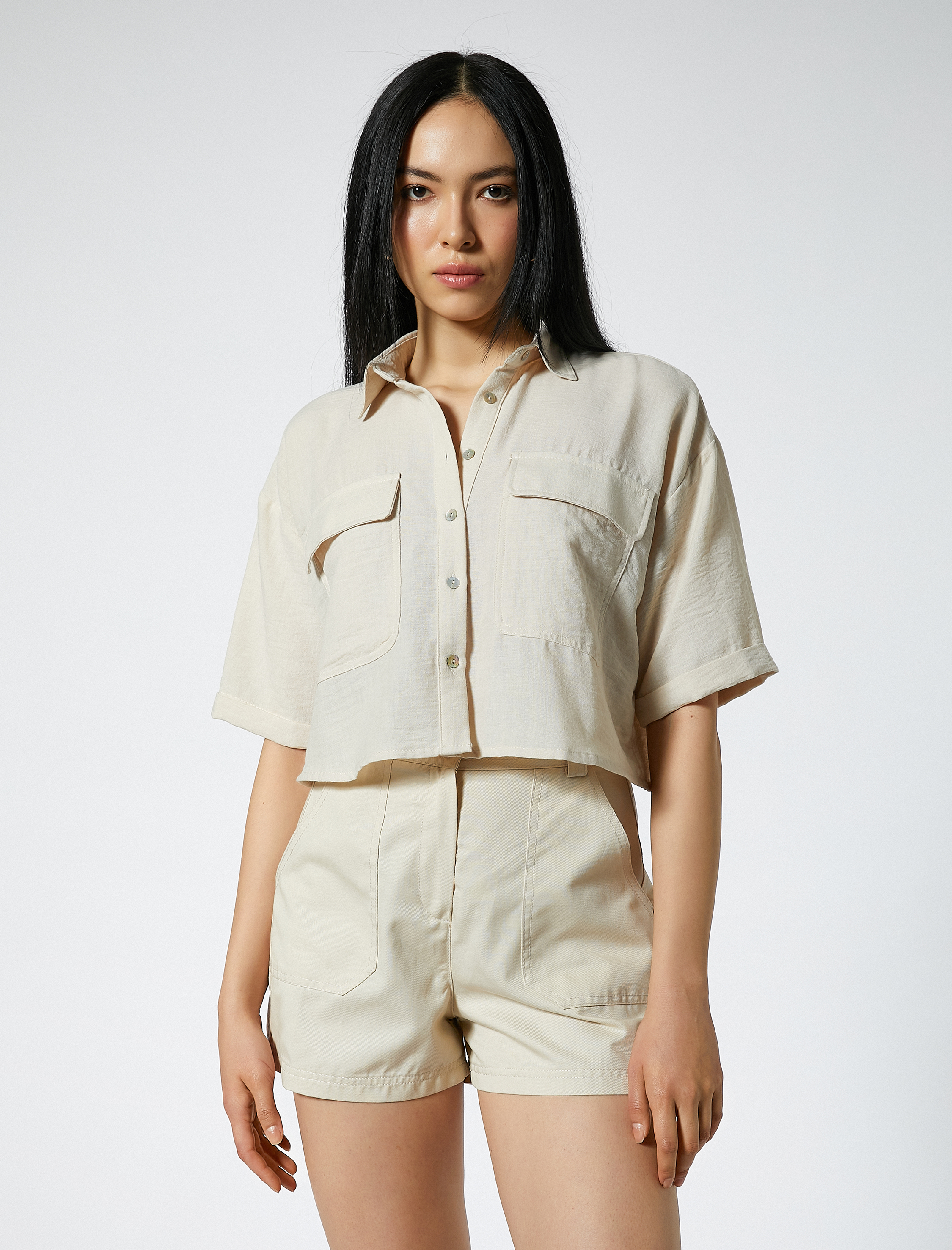   Crop Safari Gömlek Cepli Kısa Kollu