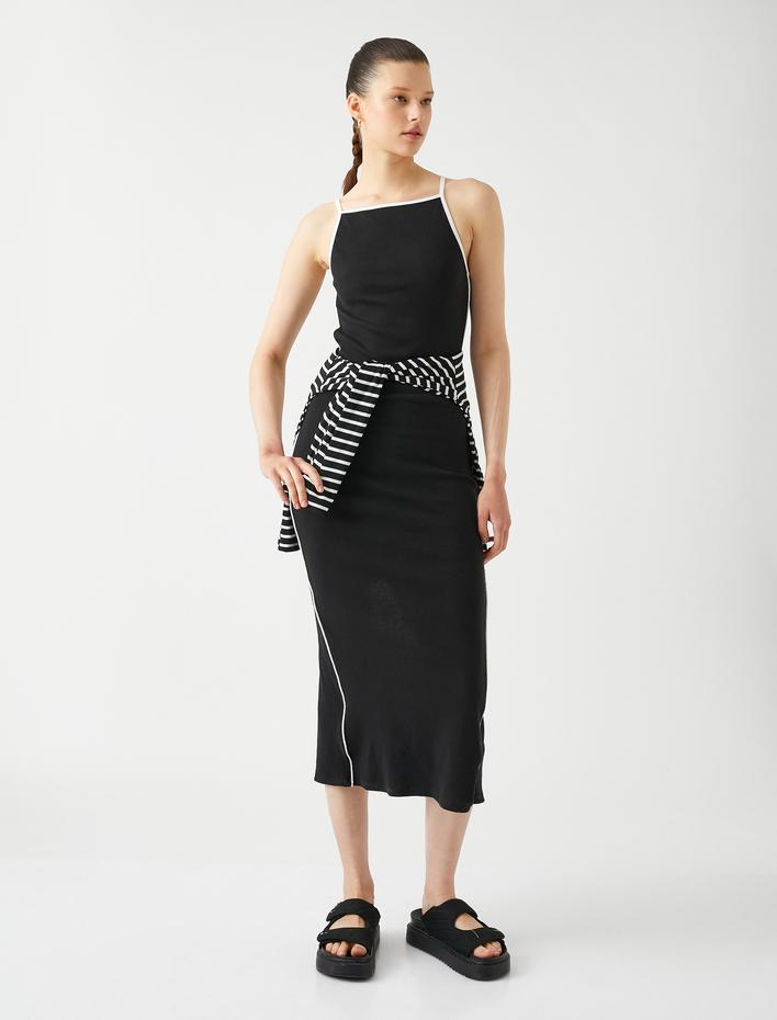  Midi Elbise Kaşkorse Halter Yaka Biye Detaylı Dar Kesim Pamuklu