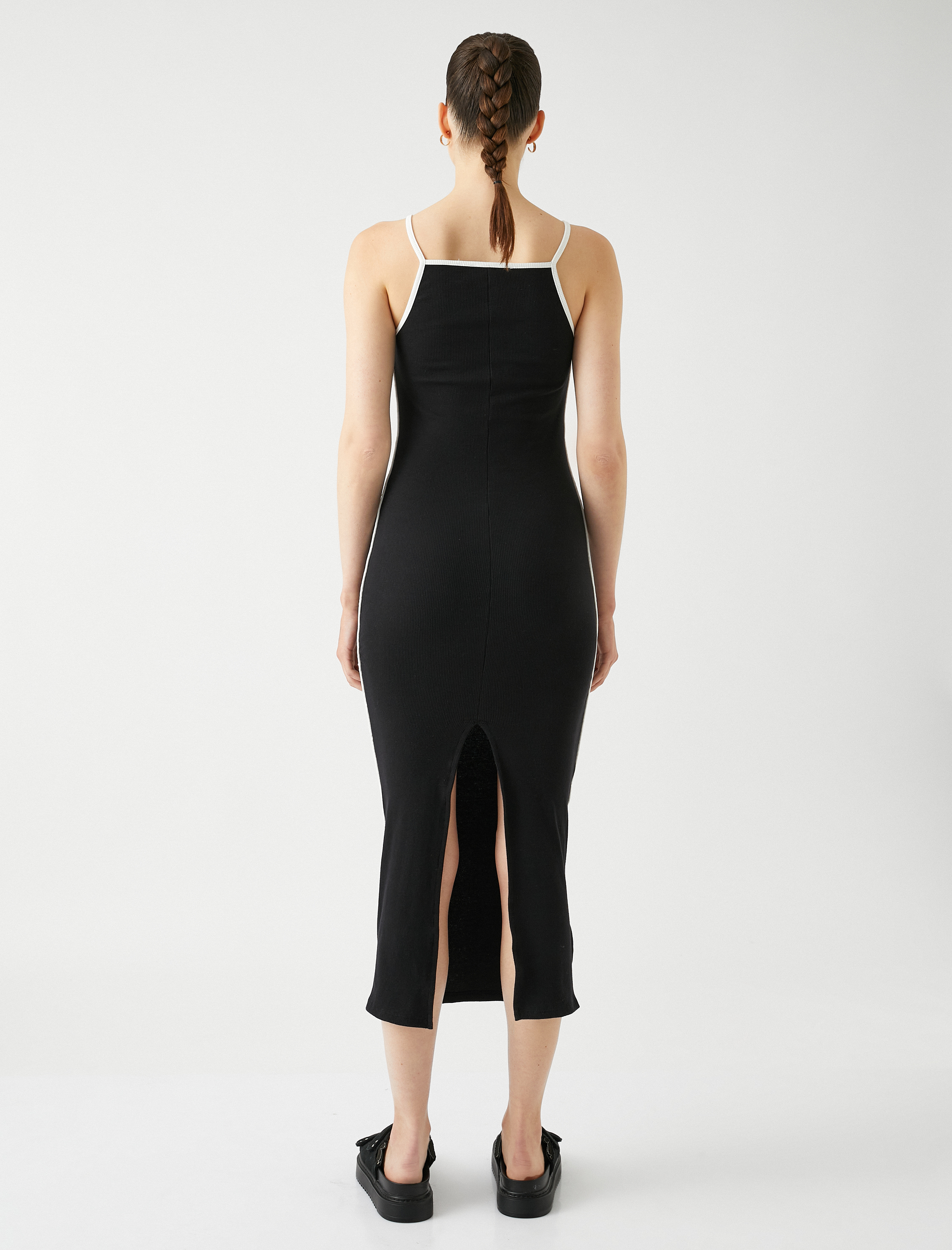   Midi Elbise Kaşkorse Halter Yaka Biye Detaylı Dar Kesim Pamuklu