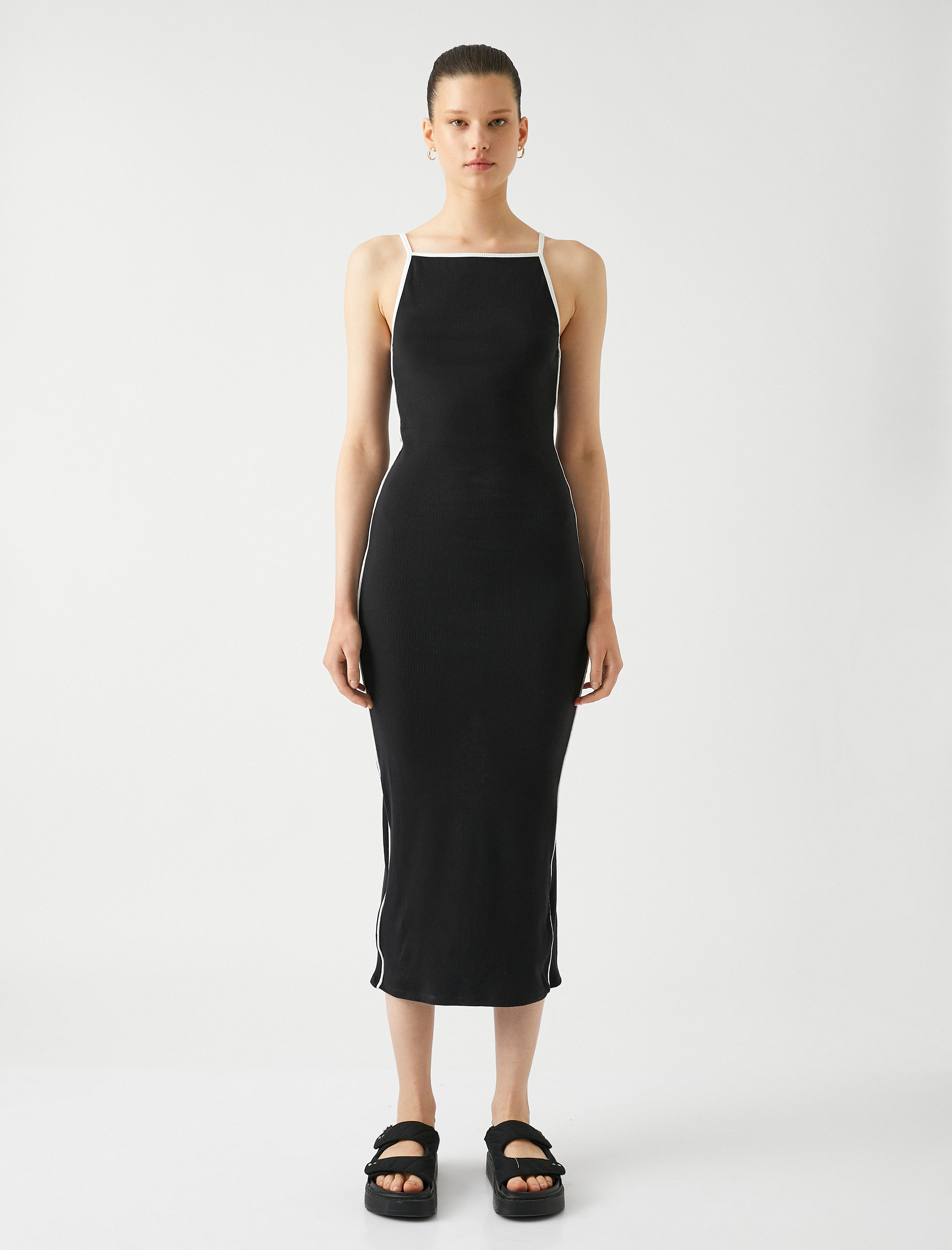   Midi Elbise Kaşkorse Halter Yaka Biye Detaylı Dar Kesim Pamuklu