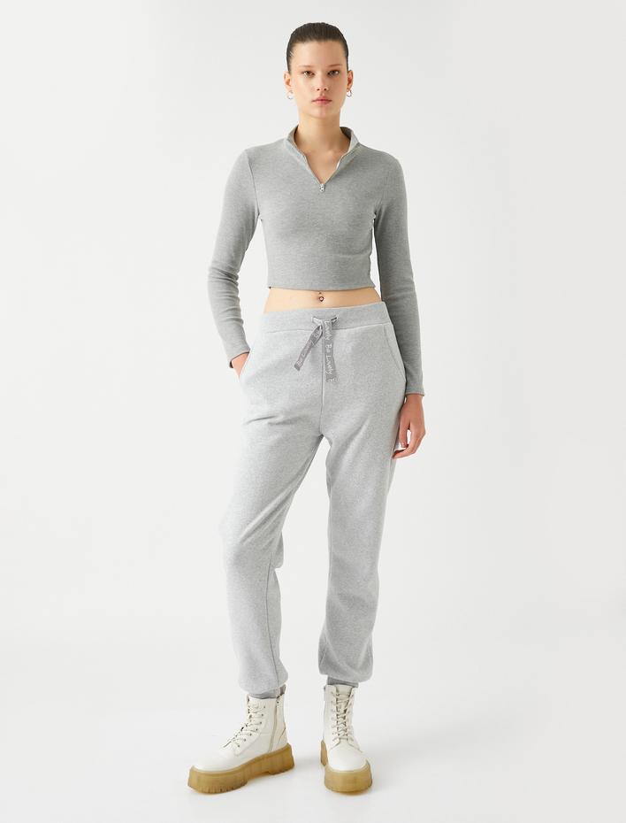  Jogger Eşofman Altı Yüksek Bel Baskılı Bağcıklı Cepli