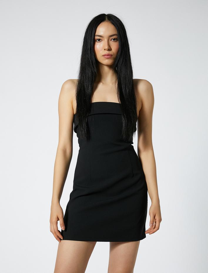  Straplez Mini Elbise Katlama Detaylı Dar Kesim