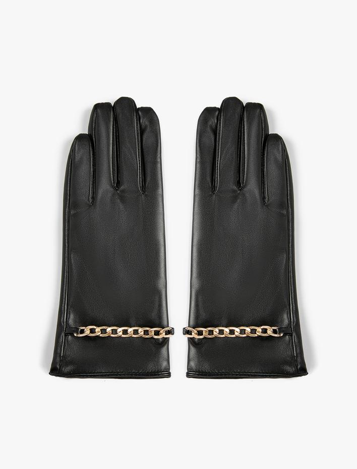 Kadın Eldiven Suni Deri Zincir Detaylı