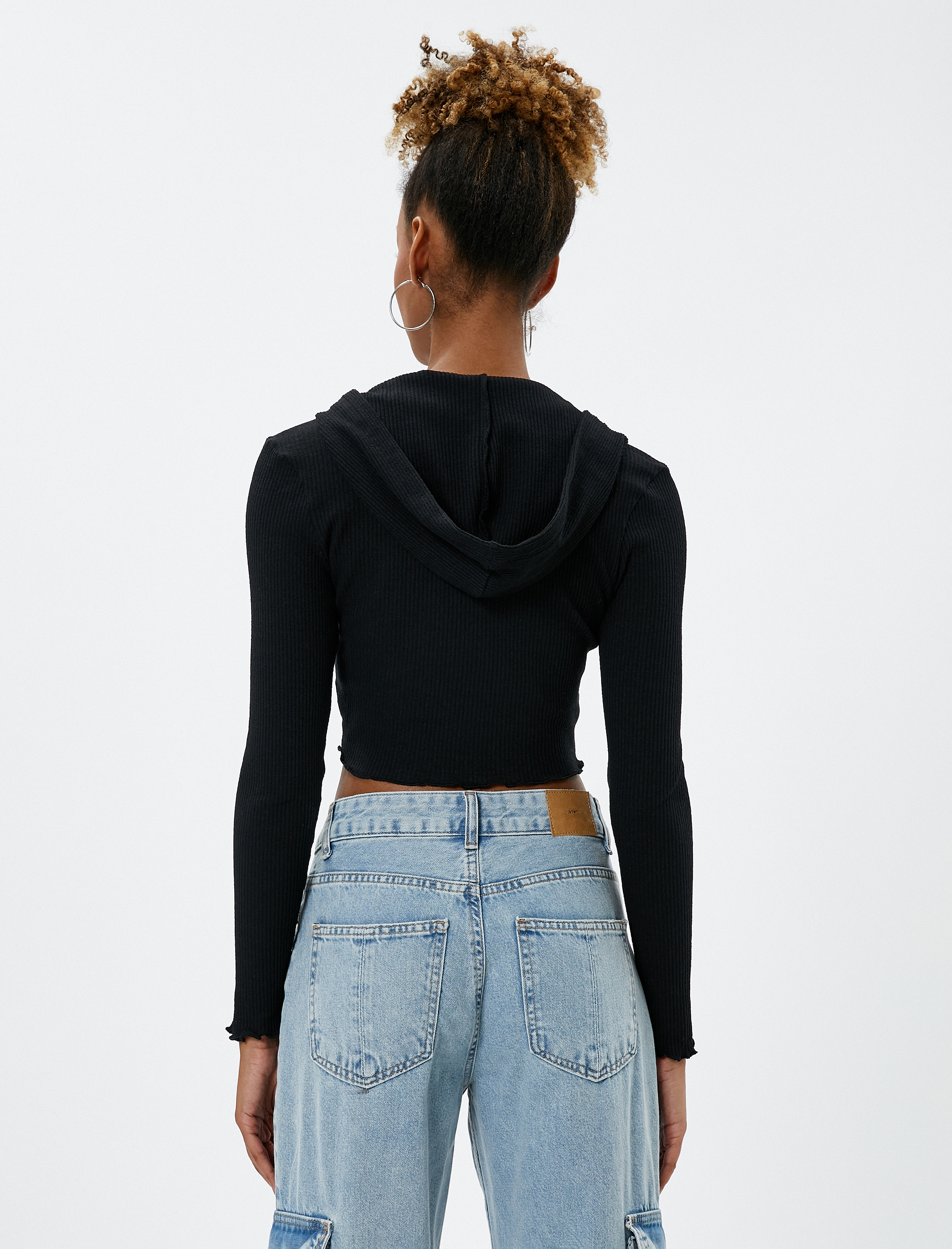   Kapüşonlu Hırka Crop Fermuarlı Kaşkorse Dikiş Detaylı