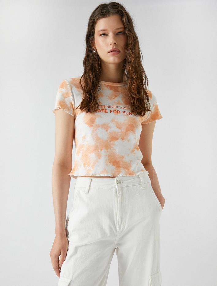  Baskılı Tişört Batik Desenli Bisiklet Yaka Kısa Kollu Pamuklu