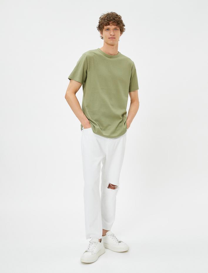  Basic Tişört Dokulu Bisiklet Yaka Kısa Kollu Pamuklu