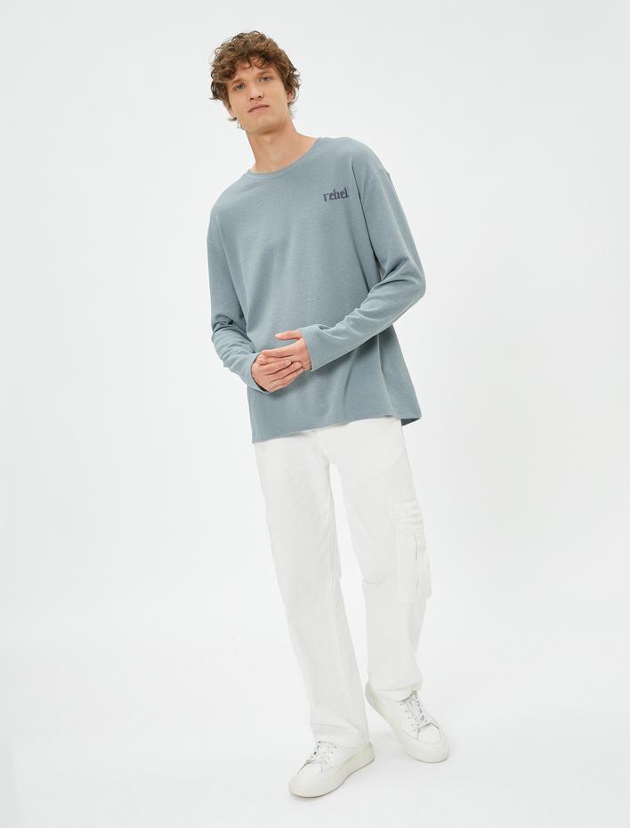  Uzun Kollu Tişört Slogan İşlemeli Bisiklet Yaka