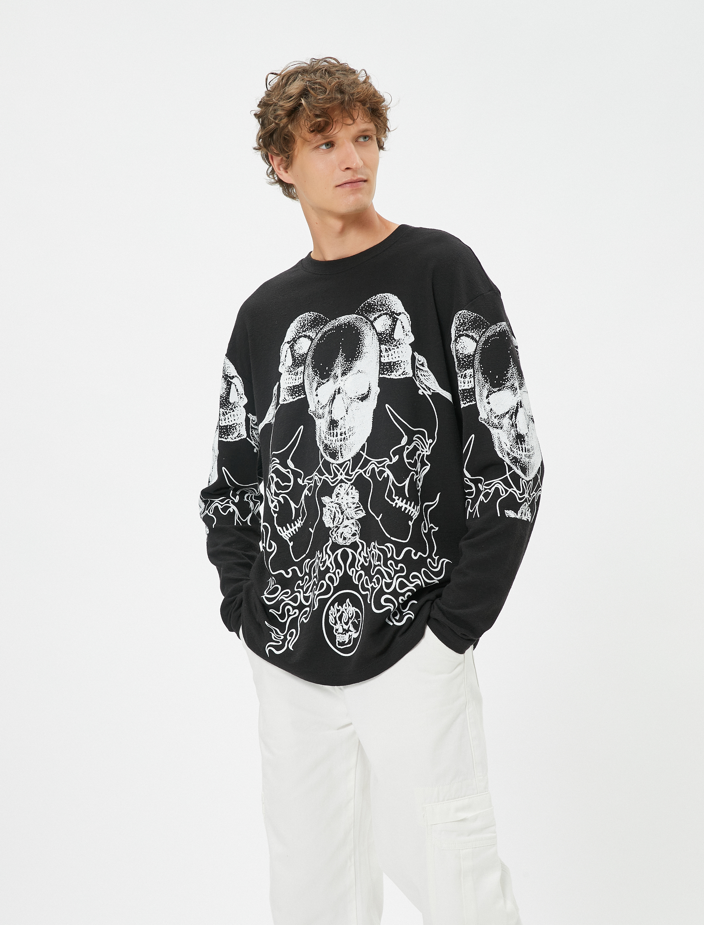   Kuru Kafa Baskılı Kazak Bisiklet Yaka Uzun Kollu