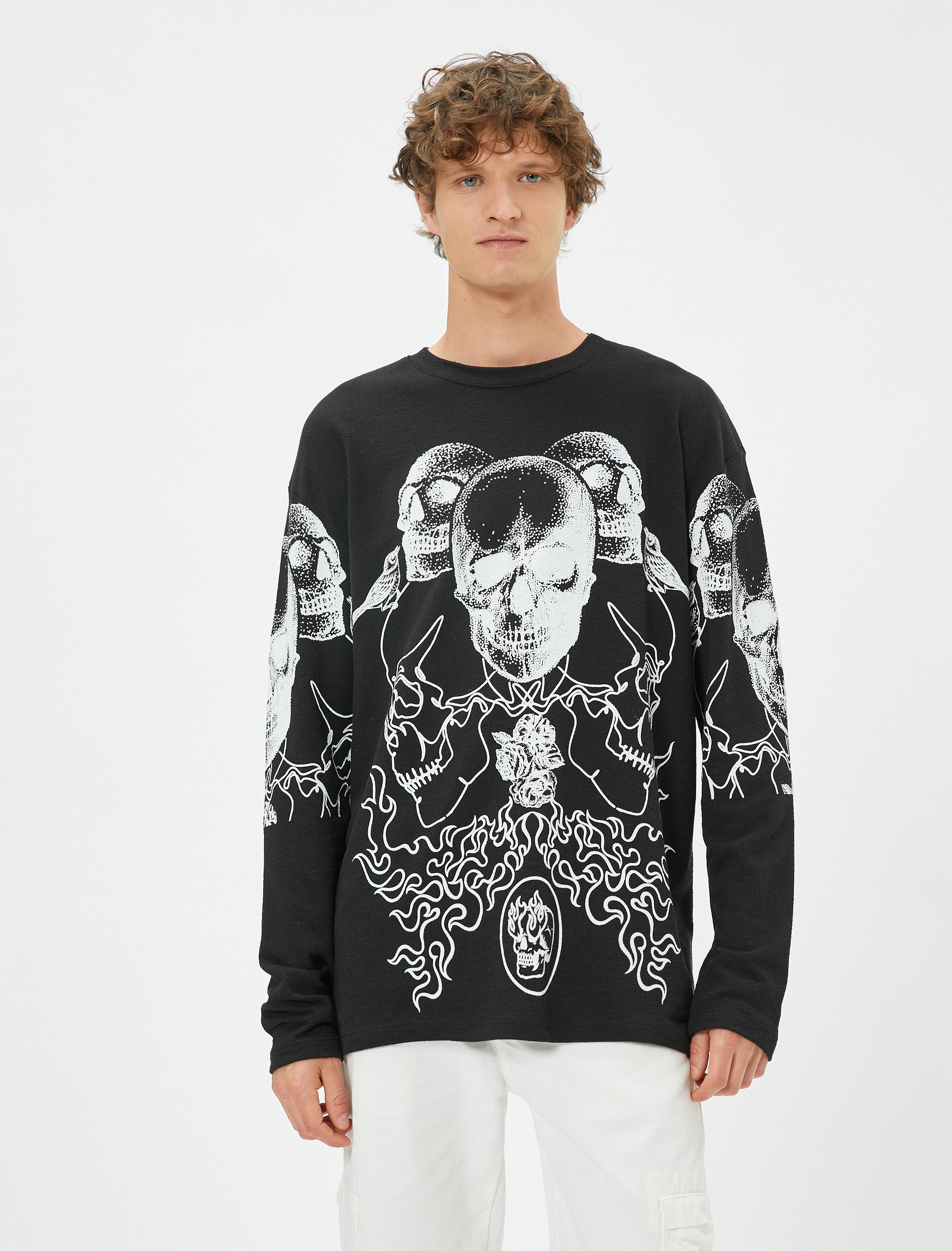   Kuru Kafa Baskılı Kazak Bisiklet Yaka Uzun Kollu