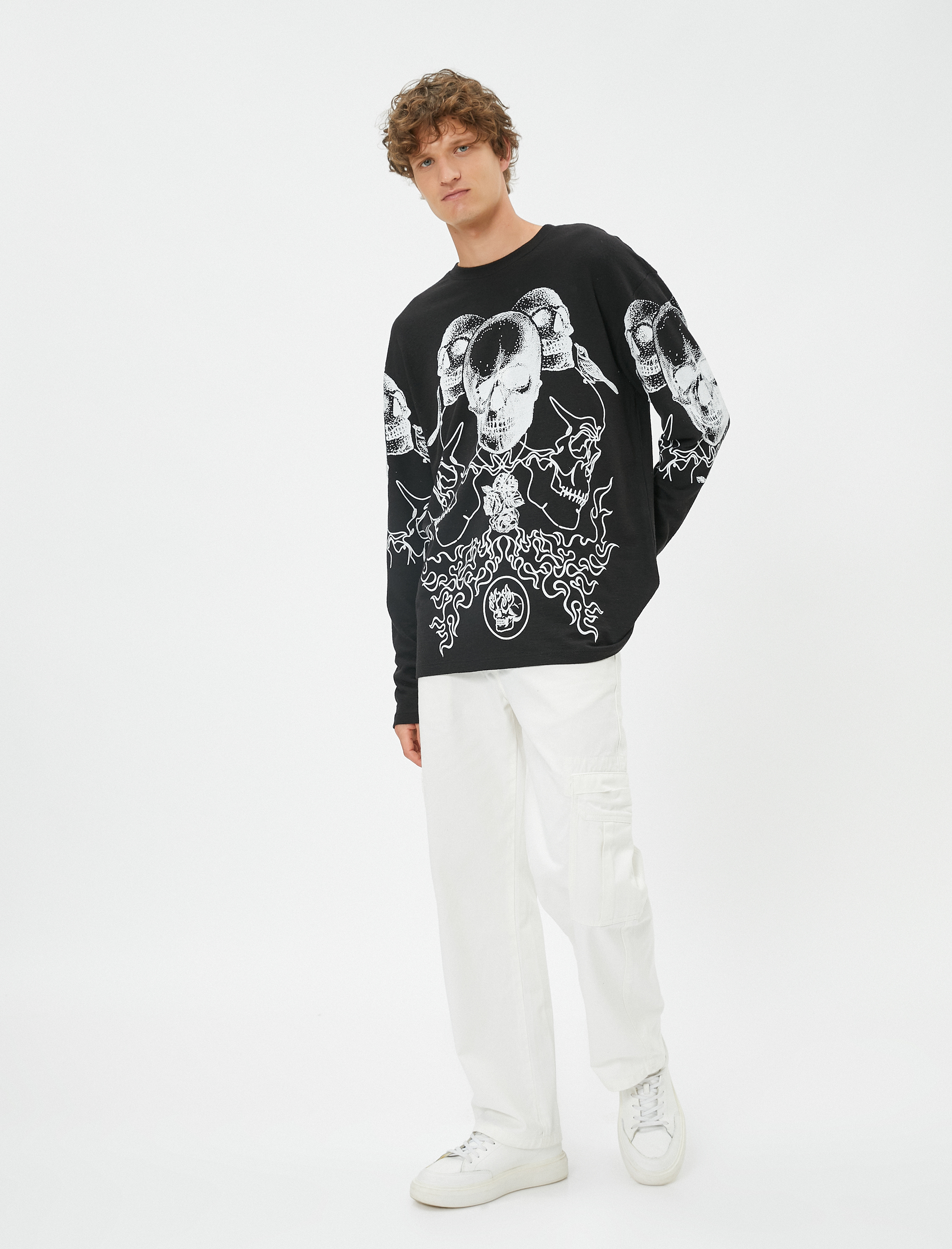   Kuru Kafa Baskılı Kazak Bisiklet Yaka Uzun Kollu