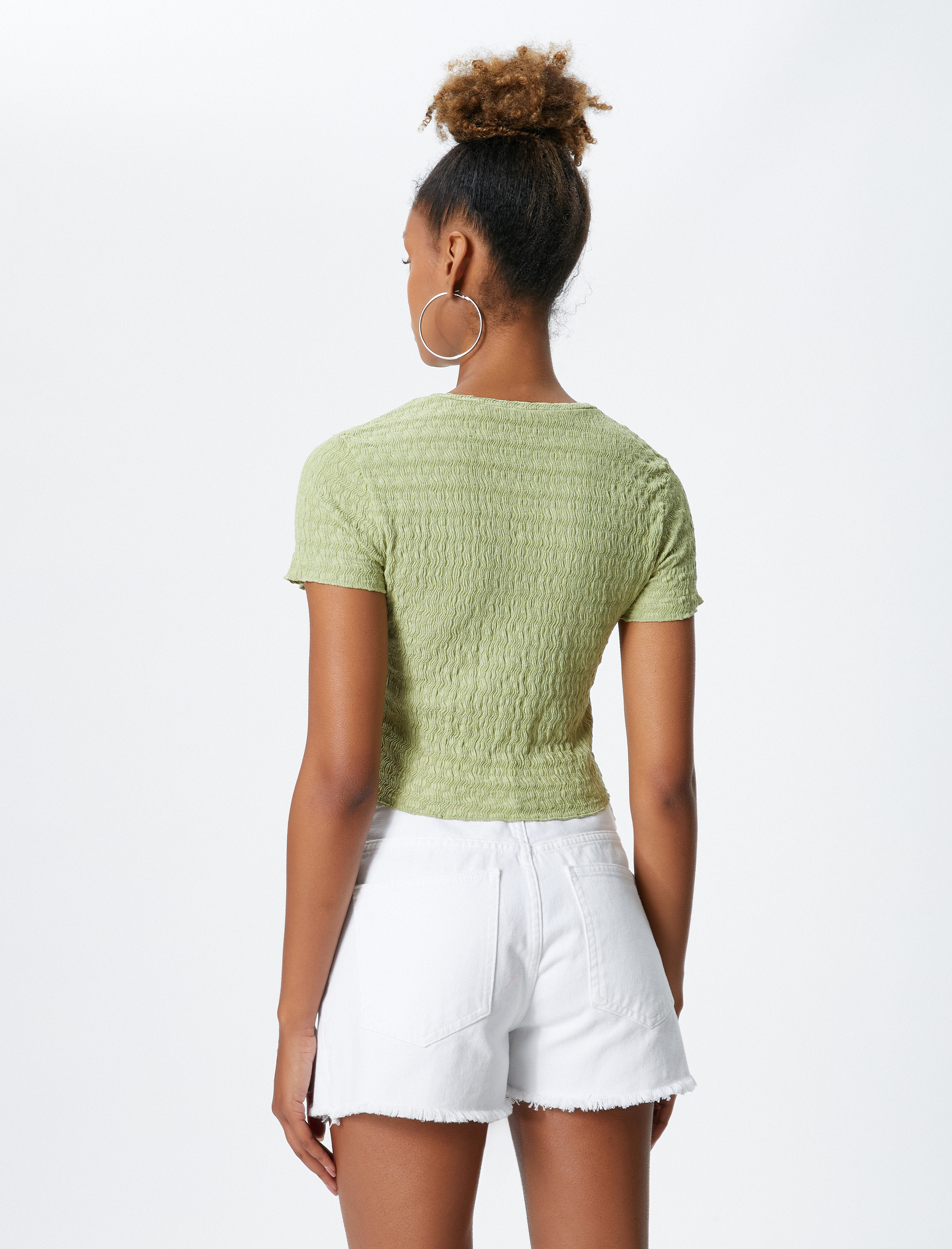   Bisiklet Yaka Tişört Dokulu Kısa Kollu Gofre Görünümlü Bürümcük