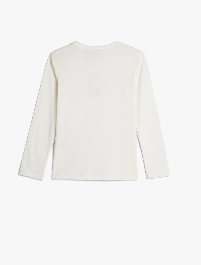 Kız Çocuk Tişört Uzun Kollu Bisiklet Yaka Kedi Baskılı Pamuklu