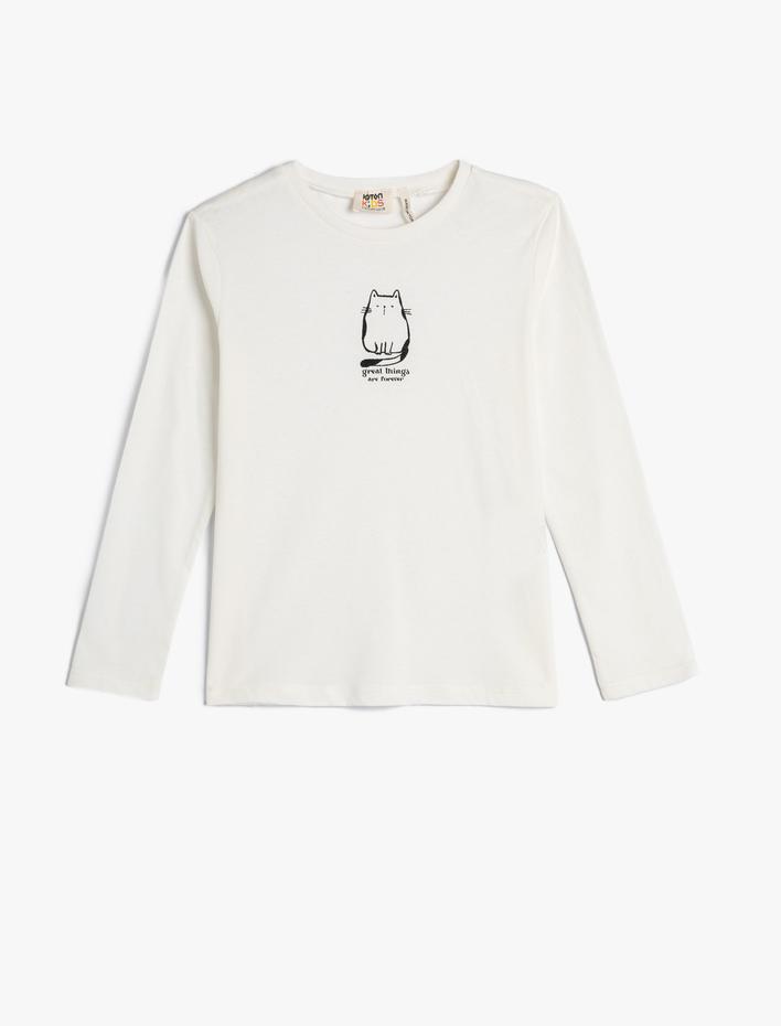 Kız Çocuk Tişört Uzun Kollu Bisiklet Yaka Kedi Baskılı Pamuklu