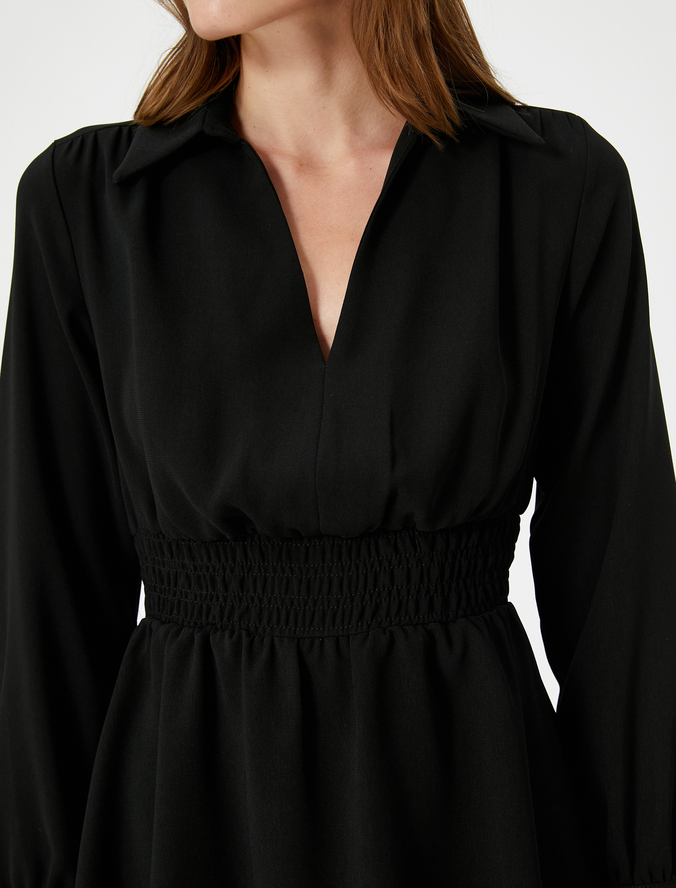   Mini Balon Kol Elbise Beli Gipeli V Yaka