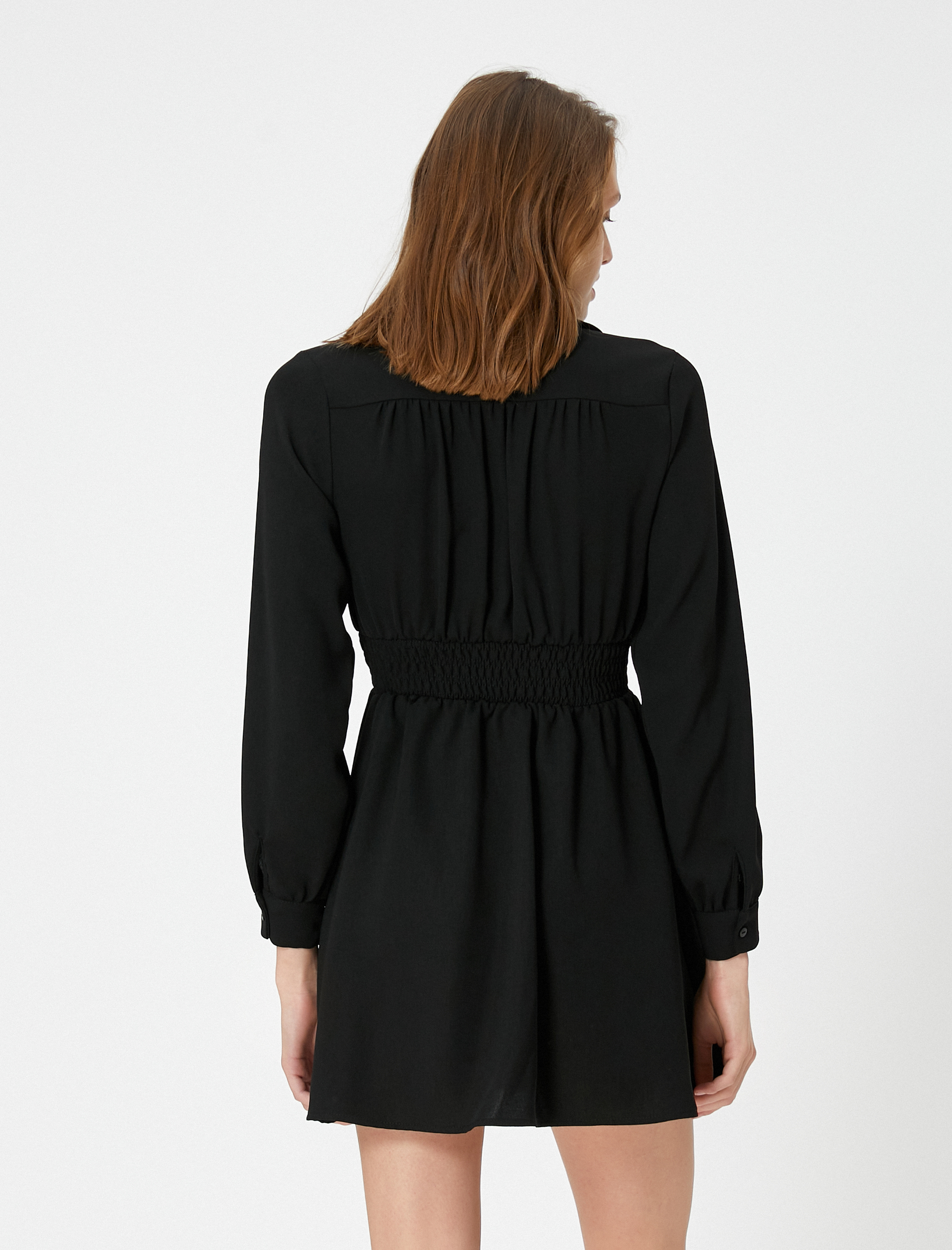   Mini Balon Kol Elbise Beli Gipeli V Yaka