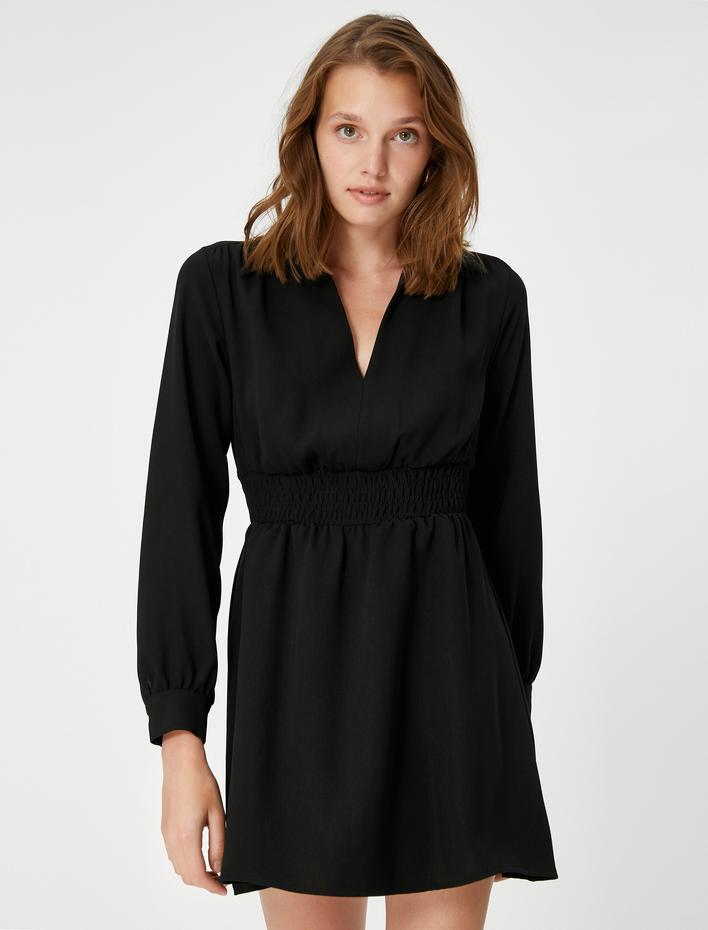  Mini Balon Kol Elbise Beli Gipeli V Yaka