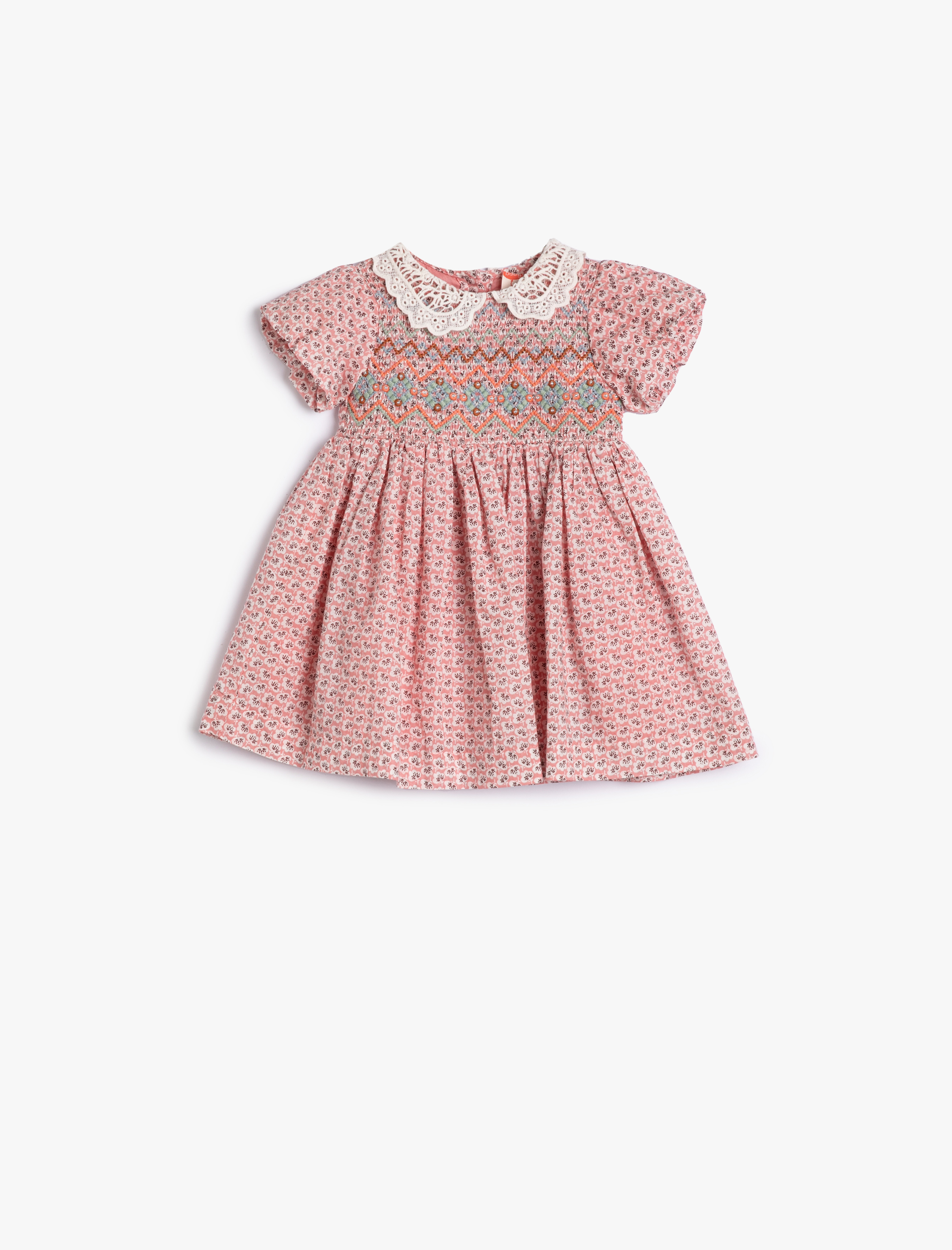  Kız Bebek Elbise Kısa Balon Kollu Dantel Bebe Yaka Etnik Desenli Pamuklu Astarlı