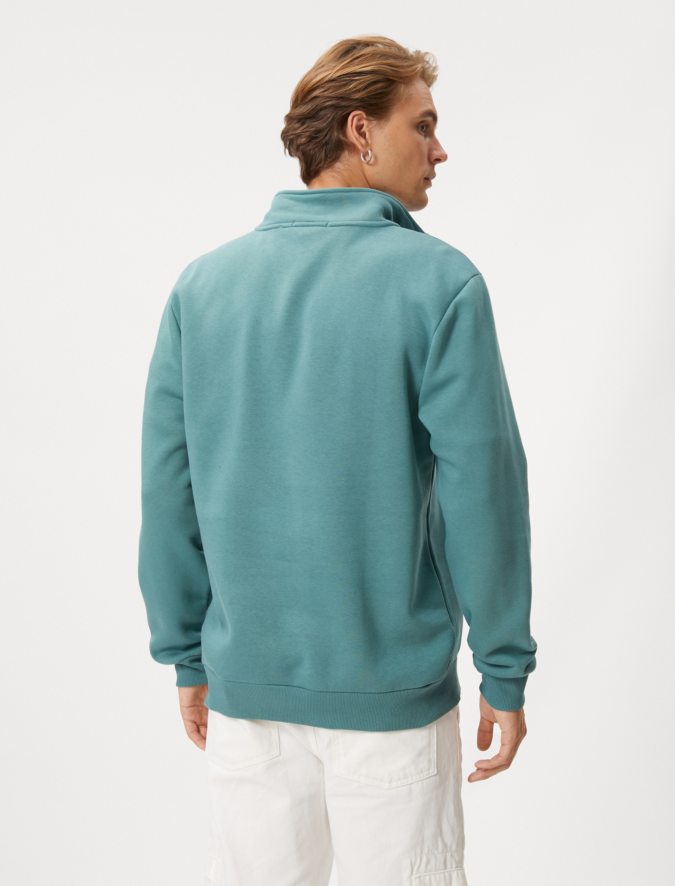   Yarım Fermuarlı Sweatshirt Slogan Baskılı Dik Yaka Ribanalı Şardonlu