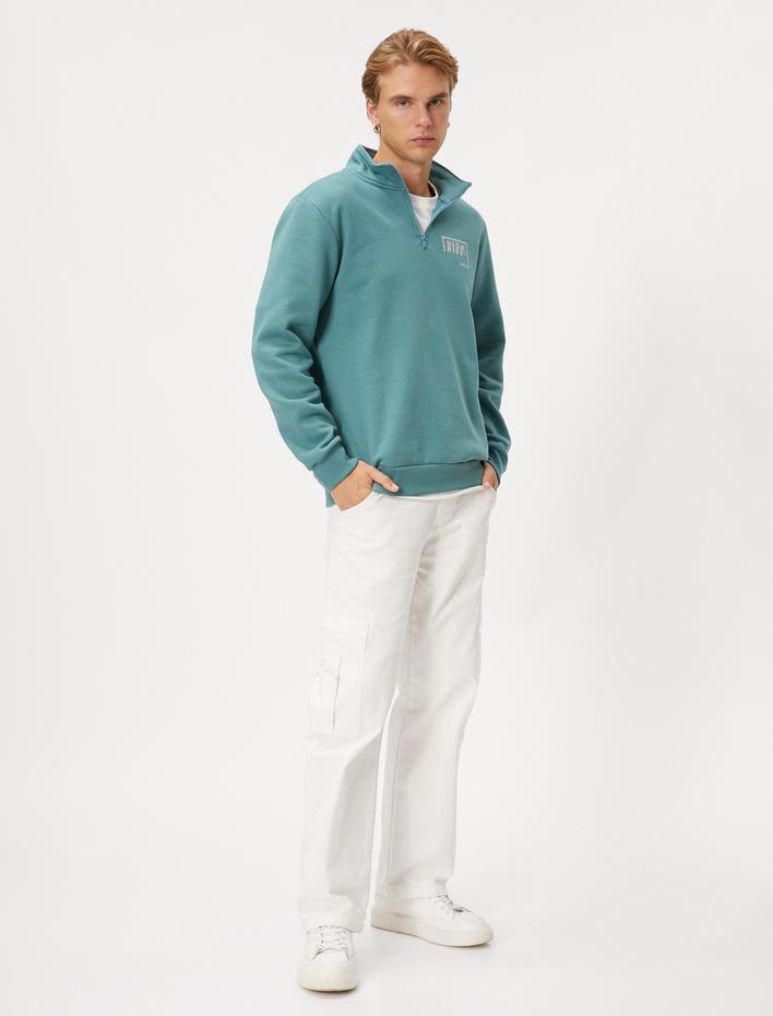  Yarım Fermuarlı Sweatshirt Slogan Baskılı Dik Yaka Ribanalı Şardonlu