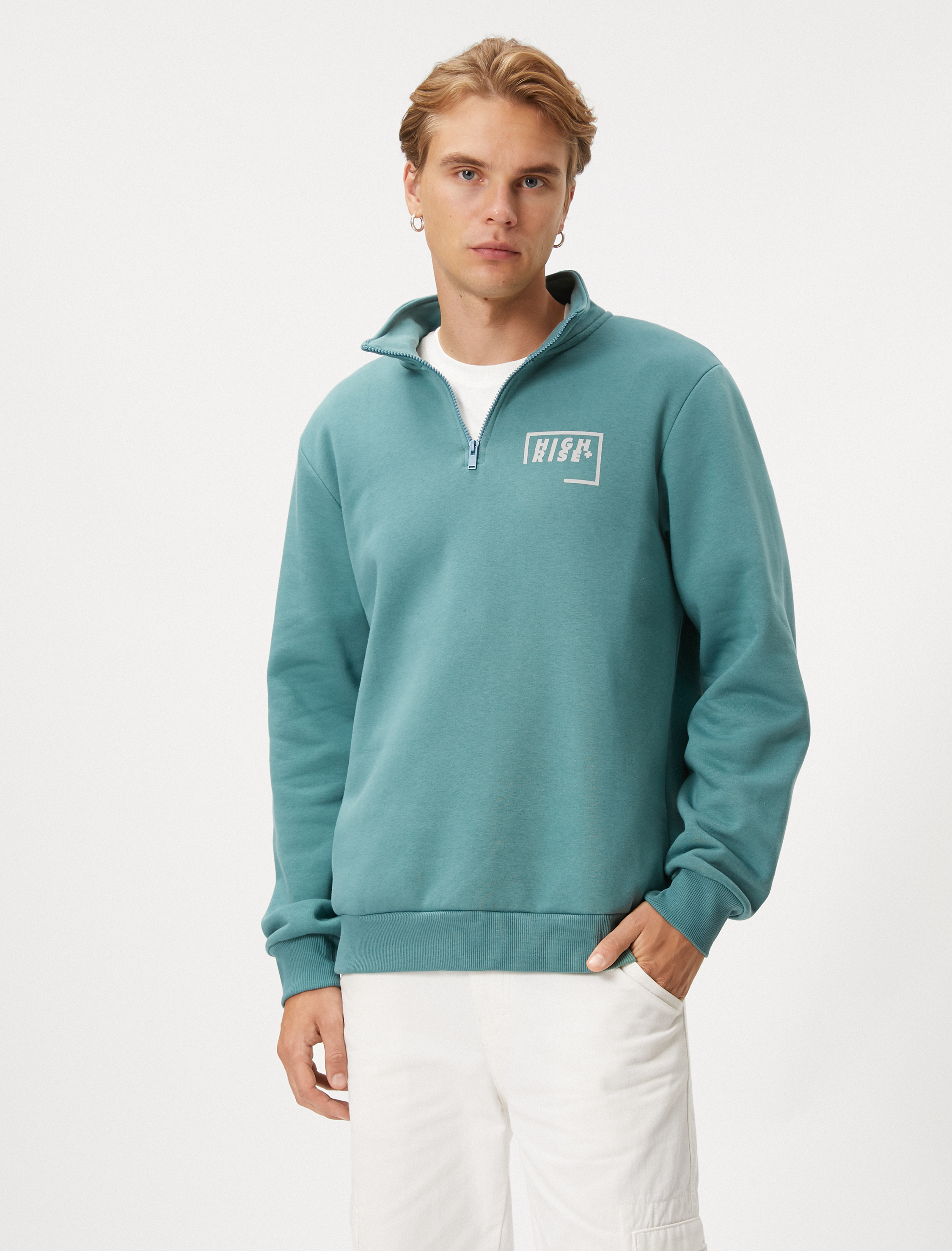   Yarım Fermuarlı Sweatshirt Slogan Baskılı Dik Yaka Ribanalı Şardonlu