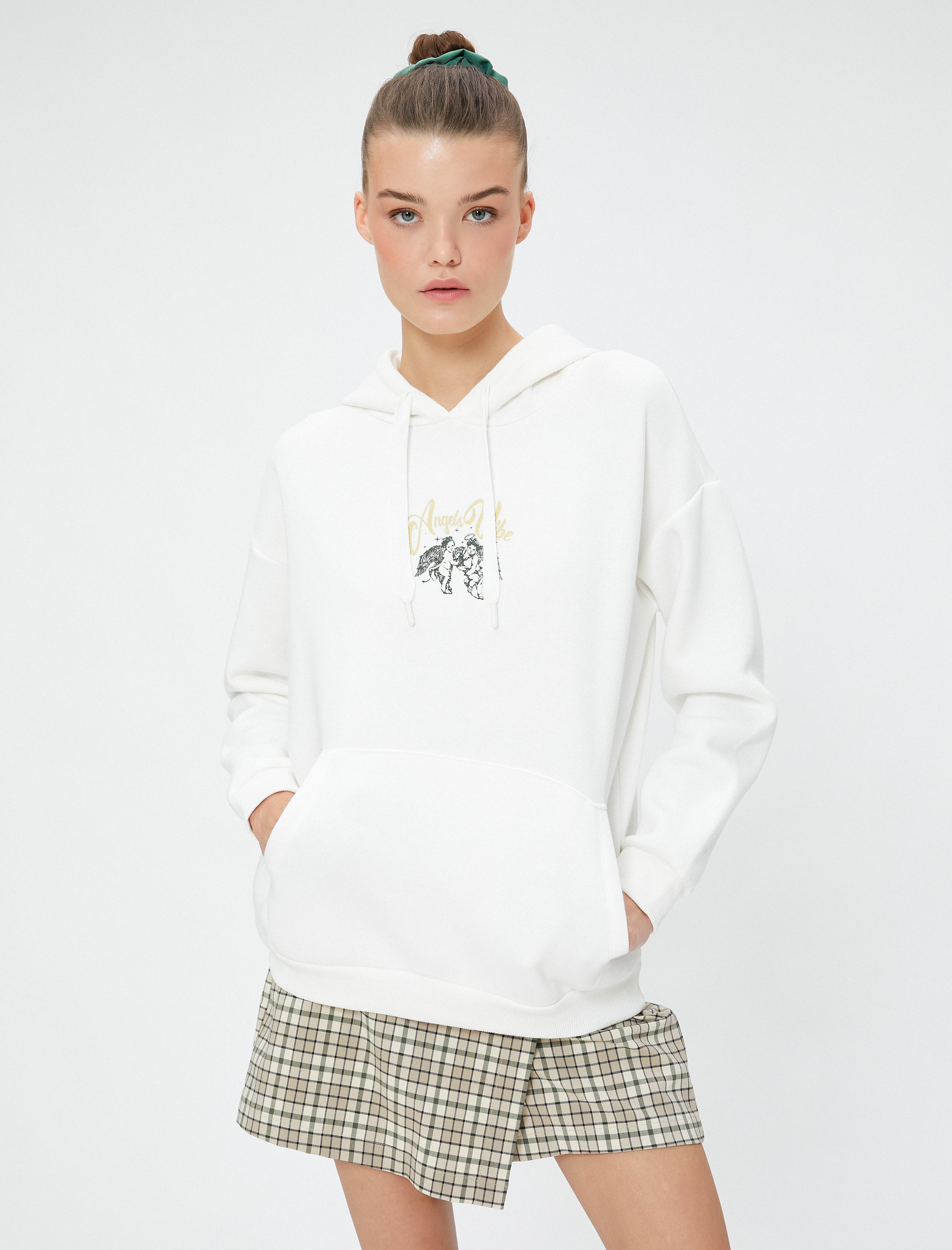   Şardonlu Kapüşonlu Sweatshirt Baskılı Rahat Kesim Kanguru Cepli